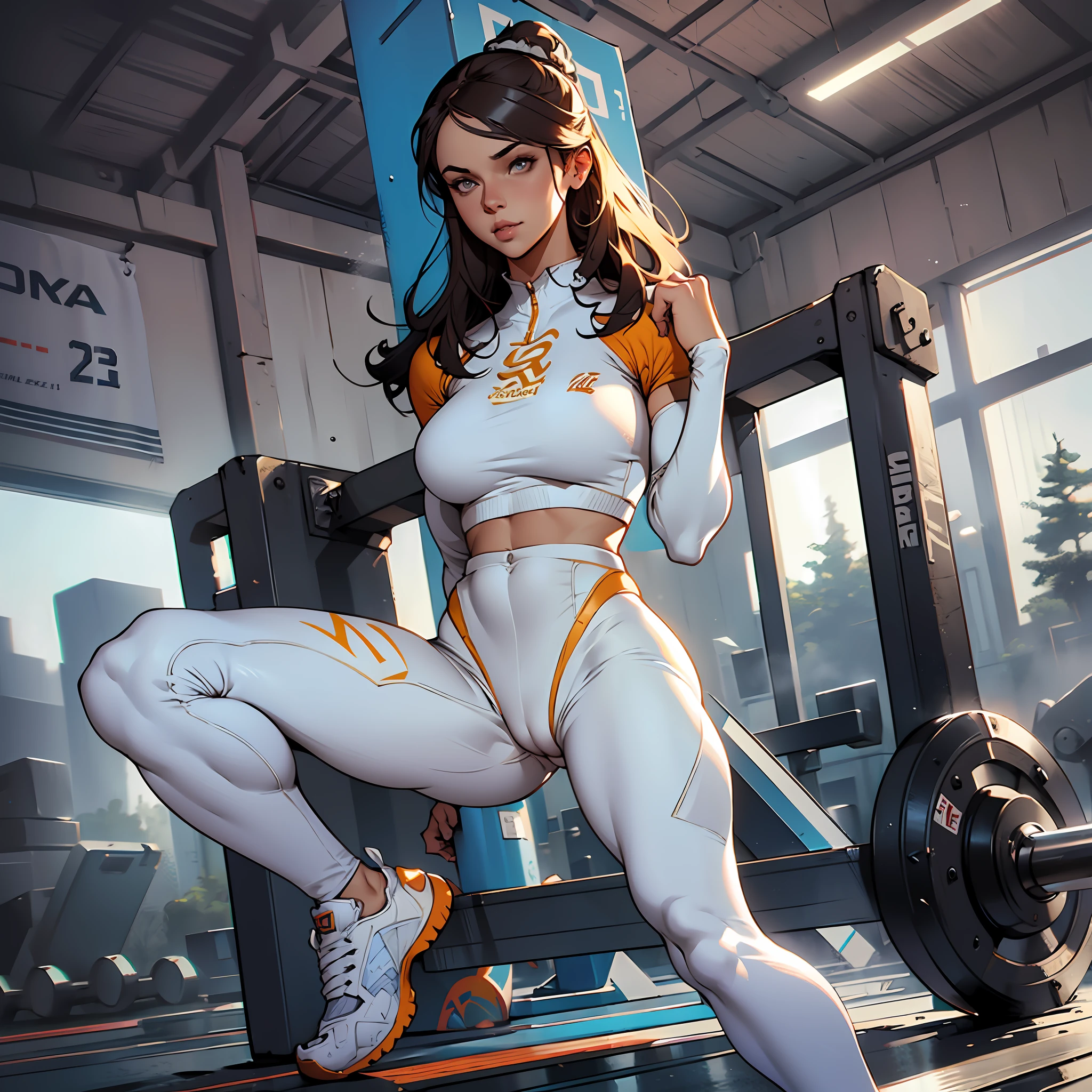 (((cameltoe))) in white sports pants, ((((full body)))), Linda _ doing sport in the gym, greg rutkowski, gorgeous face --auto --s2