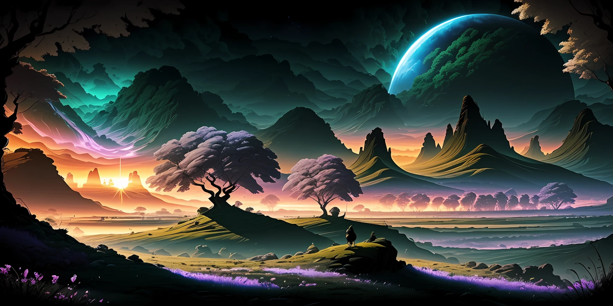 landscape on a strange alien planet, twin suns, atmospheric colours, fields, trees in the background, dense foliage, animals, picturesque, photo, synthwave