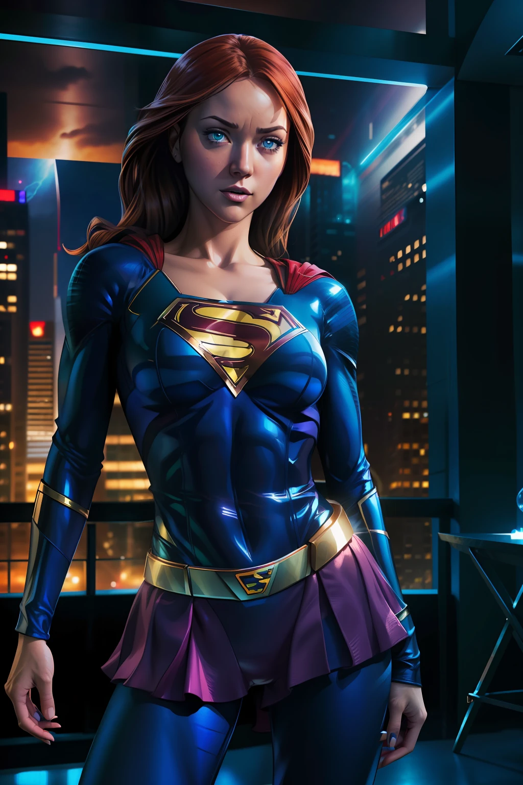 Sasha Calle, (as a DC Comics superhero), supergirl, photorealistic erotic image, (highly detailed infographic), perfect thighs, (revealing blue outfit), (futuristic city background), atmospheric lighting, film composition, concept art, digital illustration, detailed, 8k wallpaper of the highest quality, sharp focus, NIKON, natural light, 8K, highly detailed, ((perfect eyes)), (detailed pupils)
