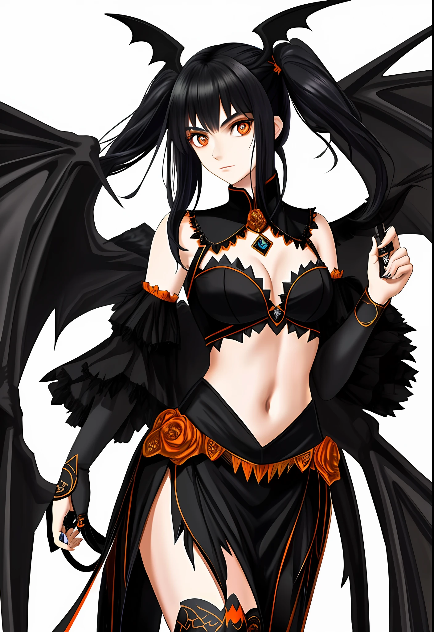 Beautiful girl, 20 years old, black hair and AZUl, Black Bat wings, detailed costume in black and orange