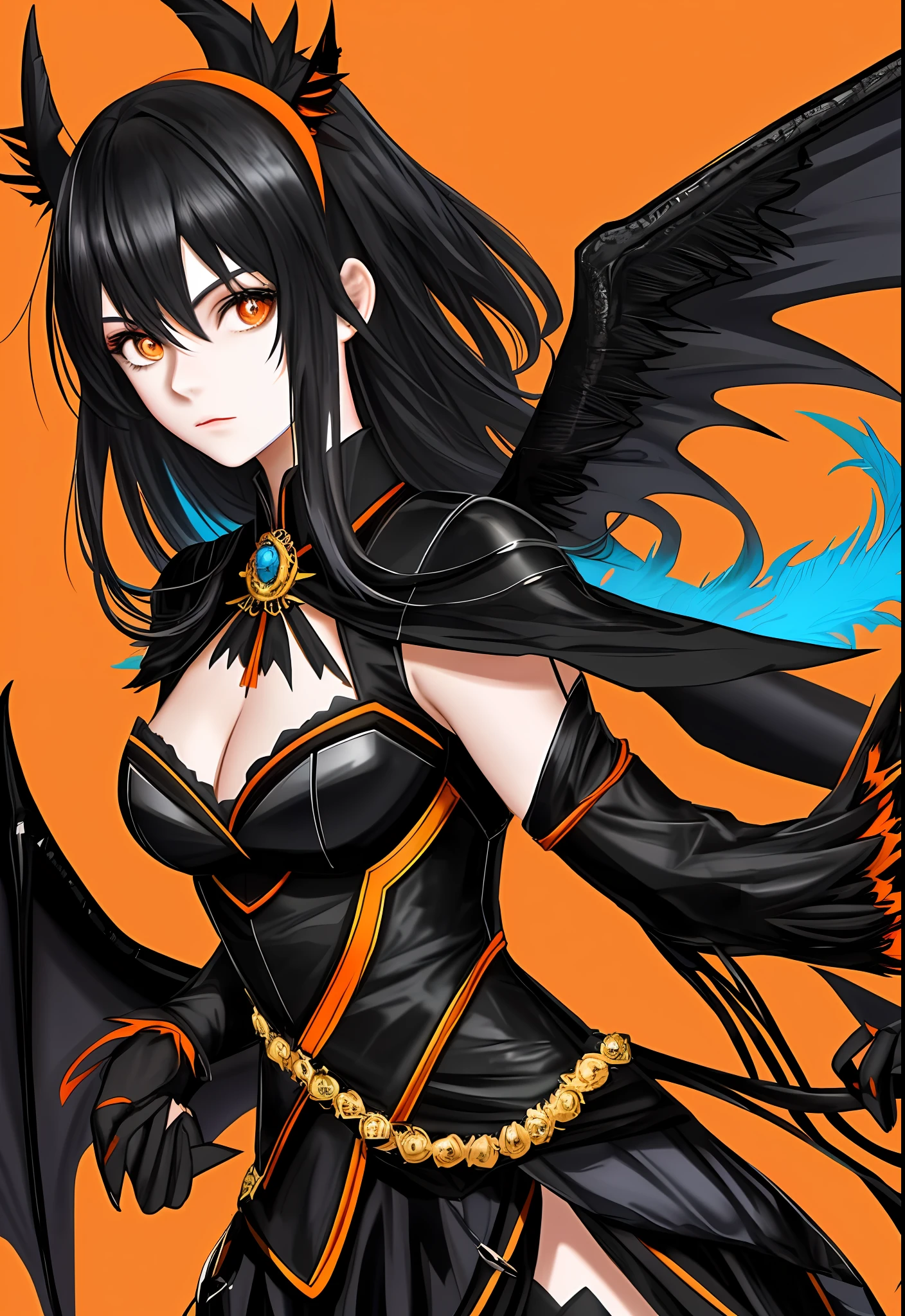 Beautiful girl, 20 years old, black hair and AZUl, Black Bat wings, detailed costume in black and orange