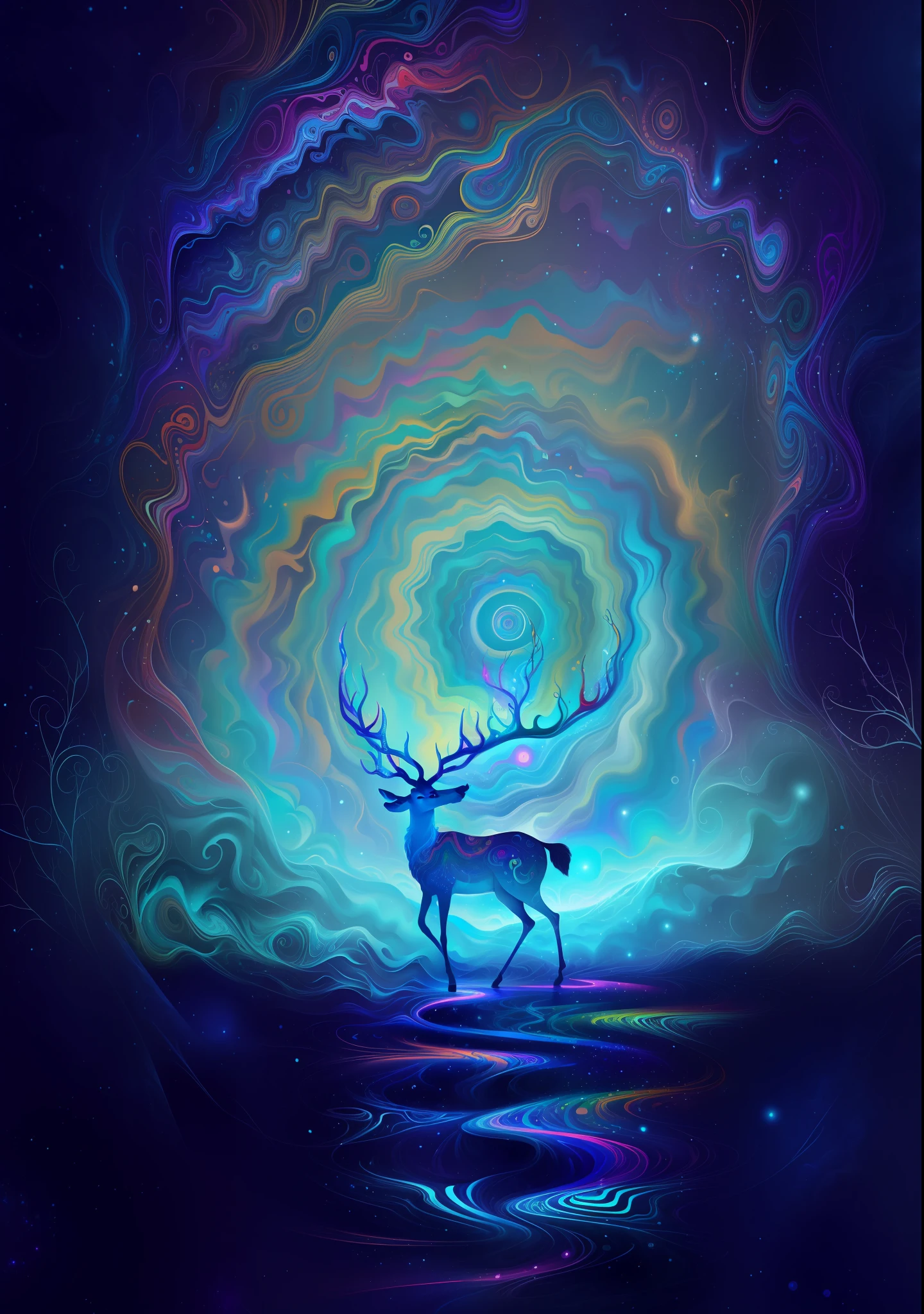 (Psychedelic painting of a deer standing in front of a colorful swirl), ((multi-slit big antlers, stag, big head)), light and shadow, waves, multi-layered, foreground, distant view, fractal Thunder Dan Mumford, Dan Mount Ford and Alex Gray style, psychedelic surreal art, surreal psychedelic design, fantasy art style, illusion psychedelic art, infinite psychedelic waves, inspired by Cyril Rolando, Real ripple structure, psychedelic art style, psychedelic art, psychedelic illustration--V6