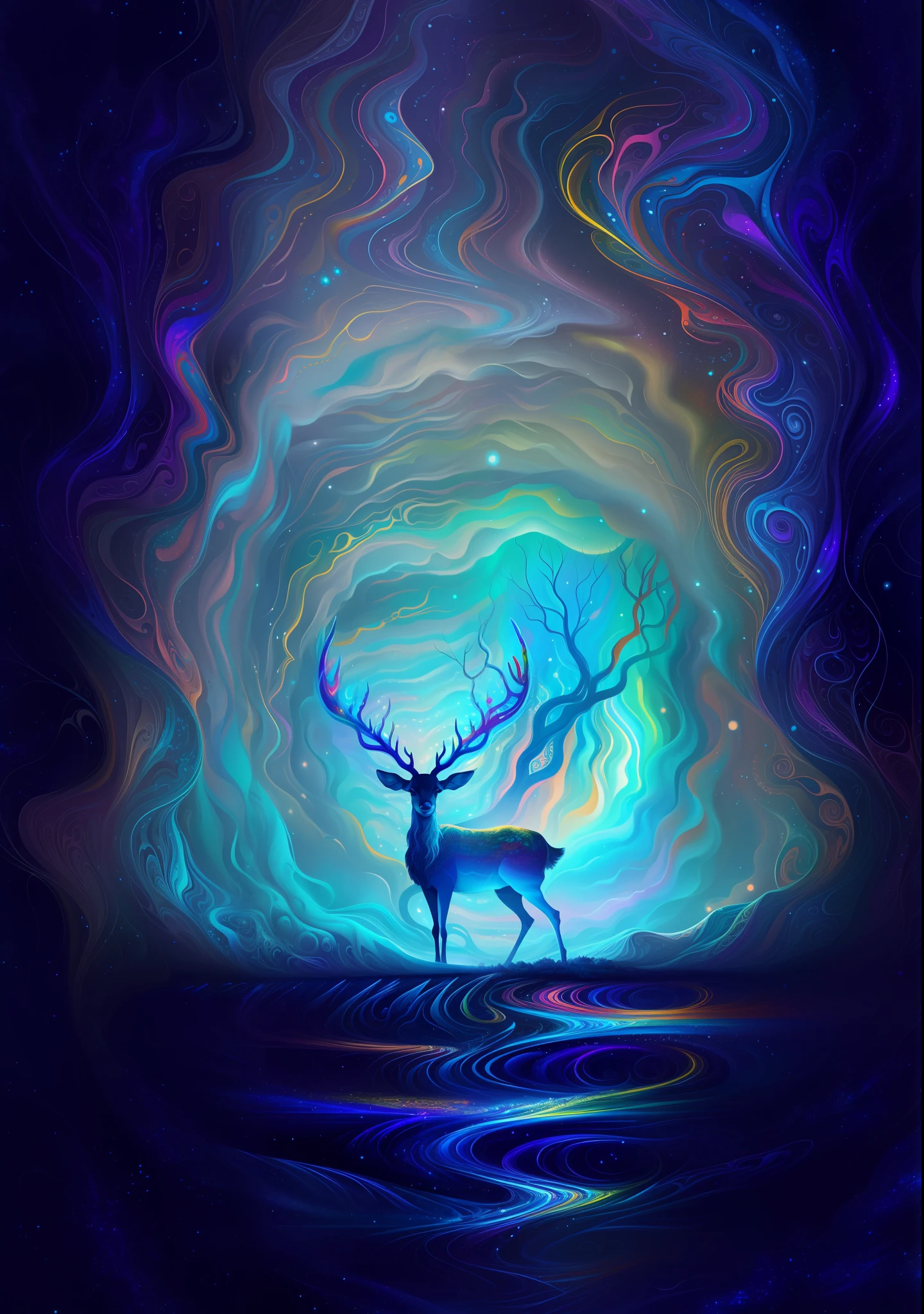(Psychedelic painting of a deer standing in front of a colorful swirl), ((multi-slit big antlers, stag, big head)), light and shadow, waves, multi-layered, foreground, distant view, fractal Thunder Dan Mumford, Dan Mount Ford and Alex Gray style, psychedelic surreal art, surreal psychedelic design, fantasy art style, illusion psychedelic art, infinite psychedelic waves, inspired by Cyril Rolando, Real ripple structure, psychedelic art style, psychedelic art, psychedelic illustration--V6