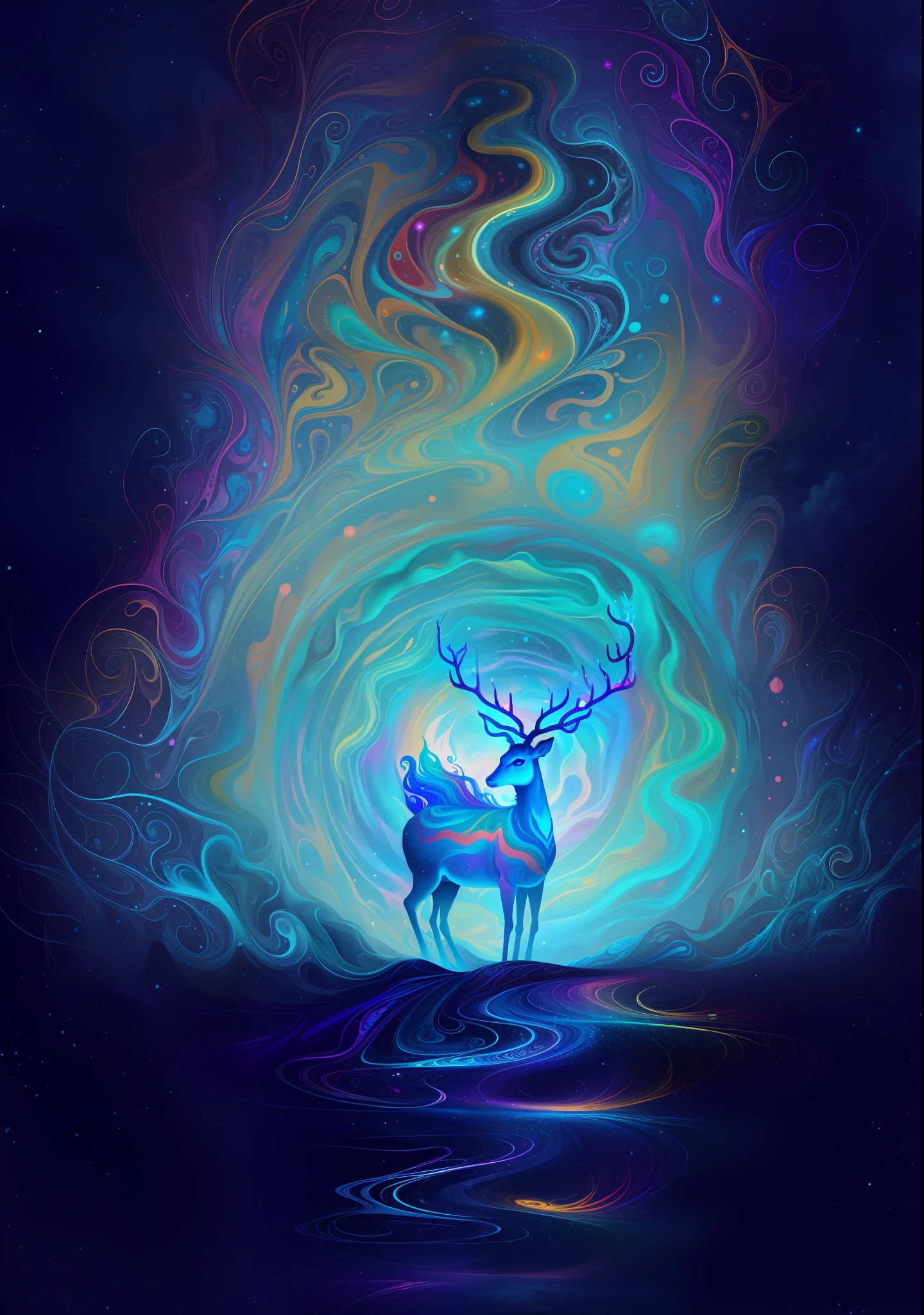 (Psychedelic painting of a deer standing in front of a colorful swirl), ((multi-slit big antlers, stag, big head)), light and shadow, waves, multi-layered, foreground, distant view, fractal Thunder Dan Mumford, Dan Mount Ford and Alex Gray style, psychedelic surreal art, surreal psychedelic design, fantasy art style, illusion psychedelic art, infinite psychedelic waves, inspired by Cyril Rolando, Real ripple structure, psychedelic art style, psychedelic art, psychedelic illustration--V6