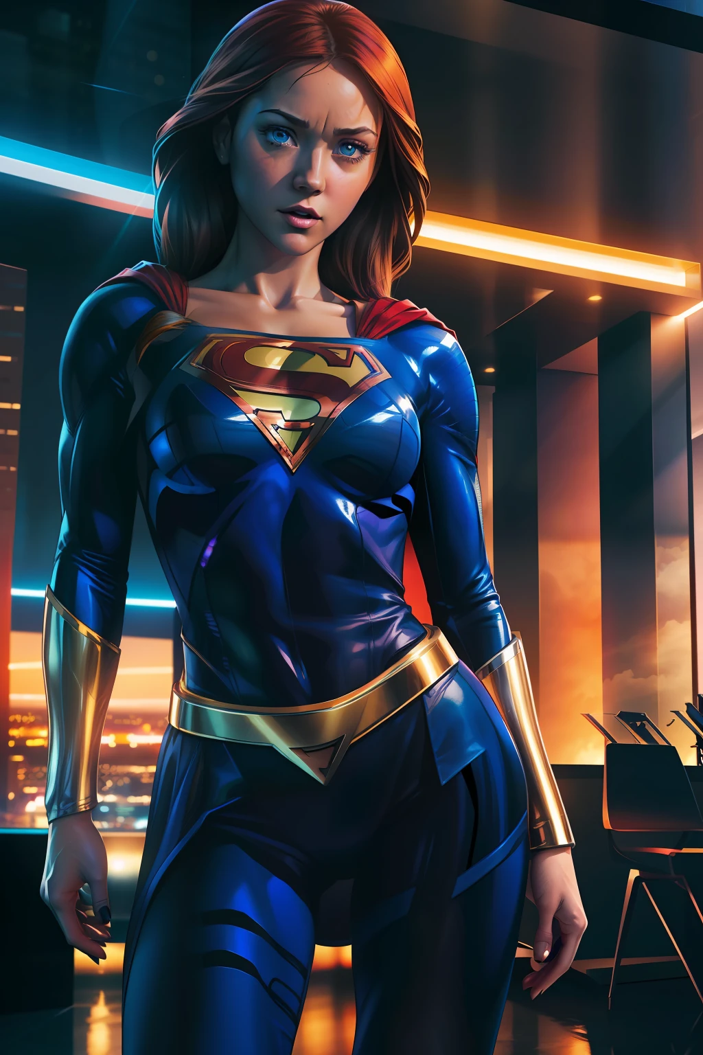 Sasha Calle, (as a DC Comics superhero), supergirl, photorealistic erotic image, (highly detailed infographic), perfect thighs, (revealing blue outfit), (futuristic city background), atmospheric lighting, film composition, concept art, digital illustration, detailed, 8k wallpaper of the highest quality, sharp focus, NIKON, natural light, 8K, highly detailed, ((perfect eyes)), (detailed pupils)