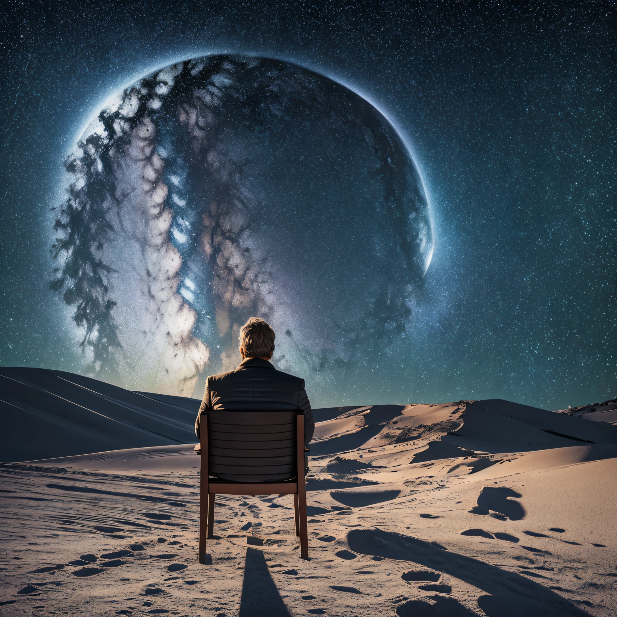 a man who is looking at us sitting on a chair in desserted landscape in night surrounded by overimposed images photorealistic cinematic light ultra detailed hasselblad vinten prime lens--ar 3:2 --s 700 --v 5 - --auto --s2