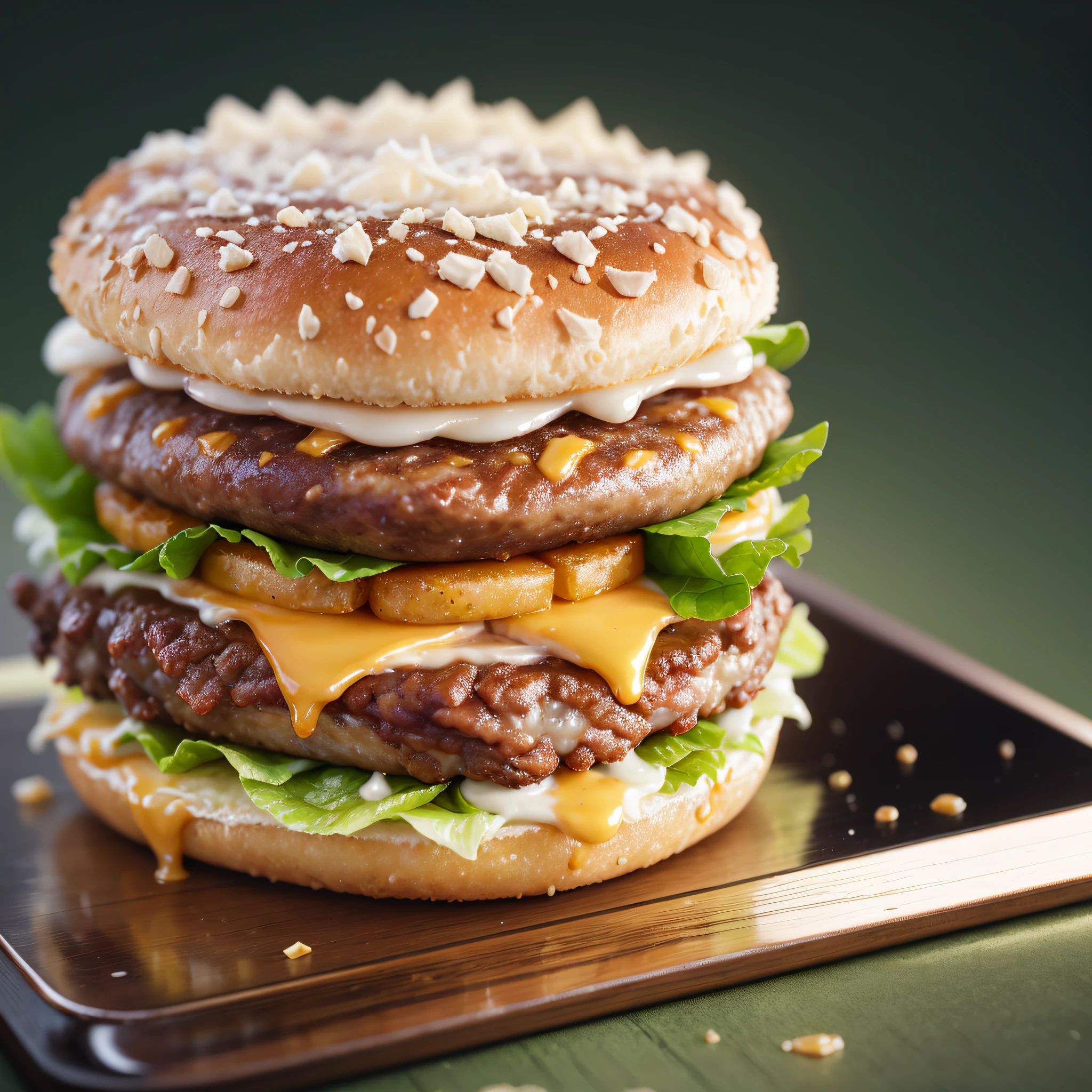 best quality, ultra high resolution, (photorealistic: 1.4), ultra-detailed, incredibly detailed, volumetric light, aluminum package, big mac, fried meat, wet lettuce, melting cheese, --auto --s2