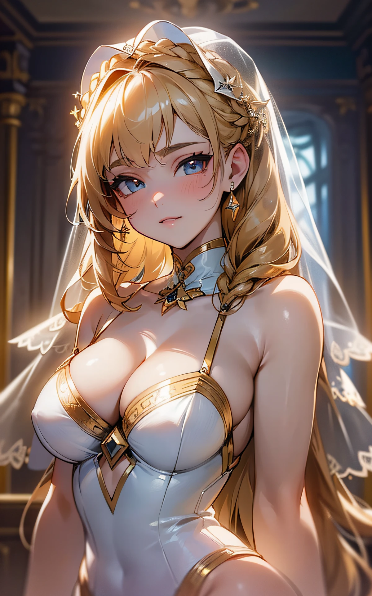 ((unity 16k wallpaper, masterpiece, best quality, ultra-detailed, extremely detailed CG, caustics, cinematic lighting, detailed, beautiful detailed eyes, NSFW: 2.0, 30 years old, dynamic pose)), erotic, sexy, ultra high-definition, ((cleavage)), fine skin, (cute: 1.2), collarbone, ((JPOP idol)), ((attractive)), (paul white wedding dress: 2.0, wedding veil, night sky: 2.0, french braid, arms crossed, golden hair))