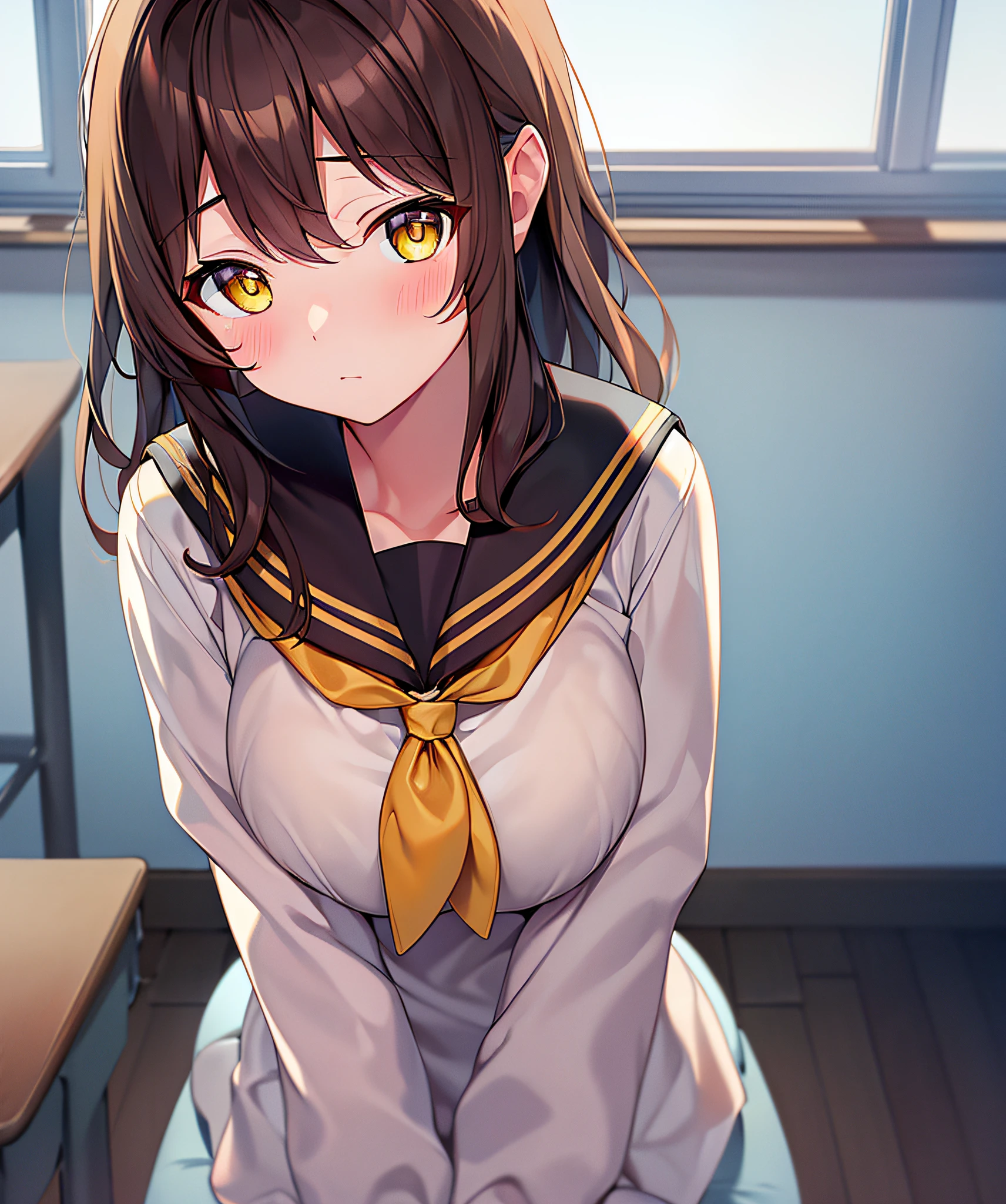 ((Best Quality, Masterpiece)),Brown Hair, Medium Hair, Yellow Eyes, Calm Expression, Blush, Sailor Suit, Girl, Alone, Bust Shot, Cute, Classroom, 【Big: 1.5】,(Breast Augmentation: 1.5)