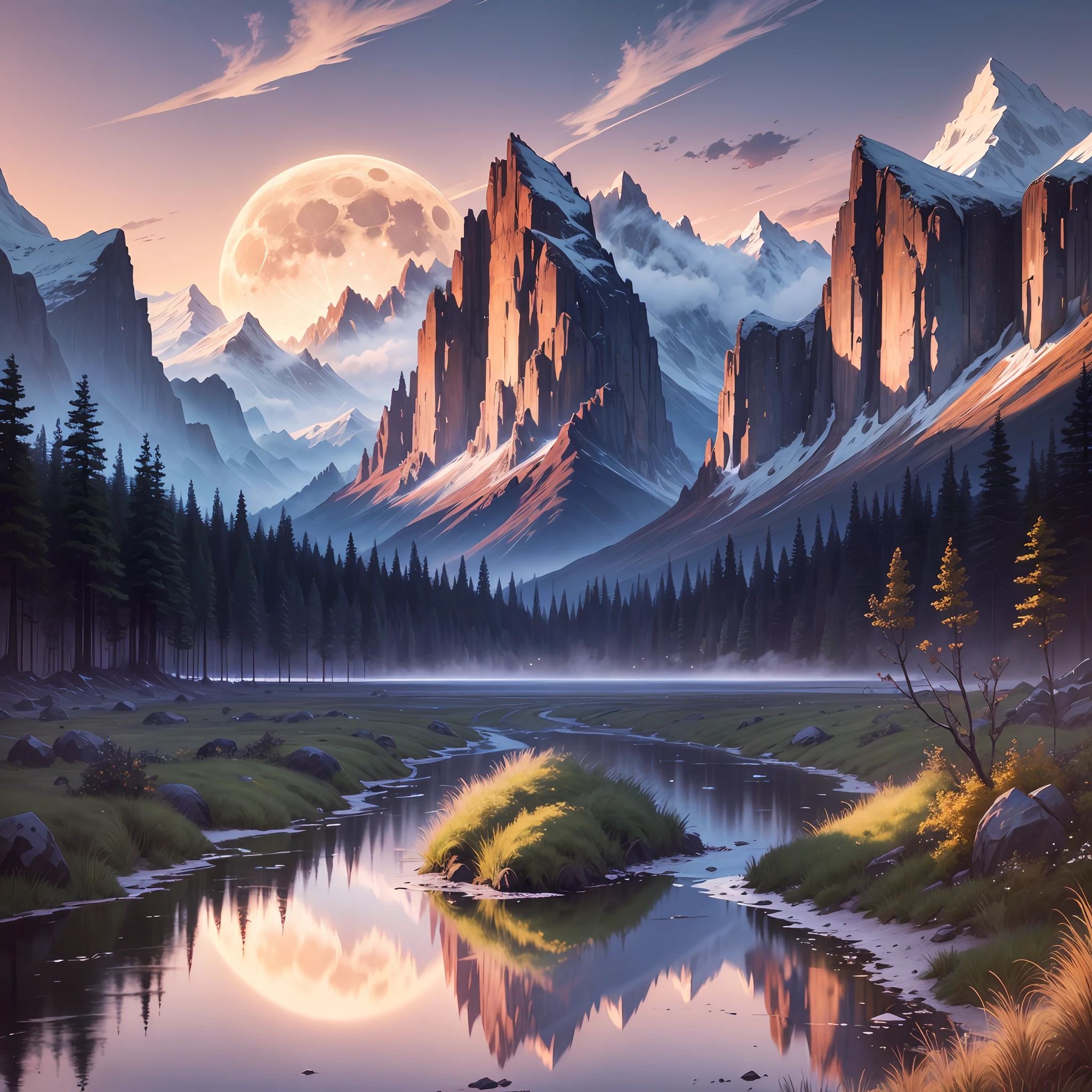 A setting, a river reflecting the moon, anime style, mountains, moon shining, clouds surrounded