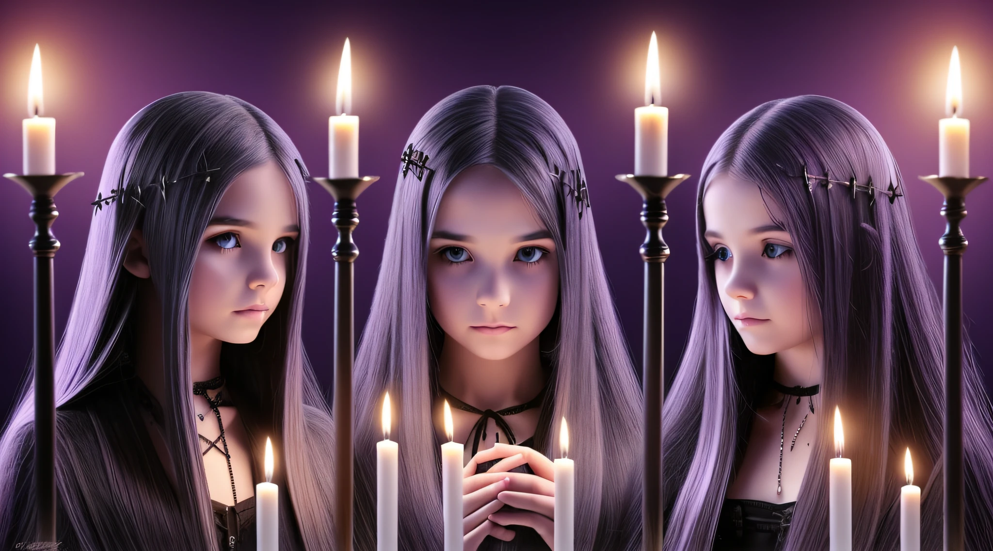 GIRLS CHILDREN, BLONDES WITH VERY LONG STRAIGHT GOTHIC HAIR, PURPLE BACKGROUND., BACKGROUND OF CROSSES. PRAYING WITH FIRE CANDLES IN HAND.