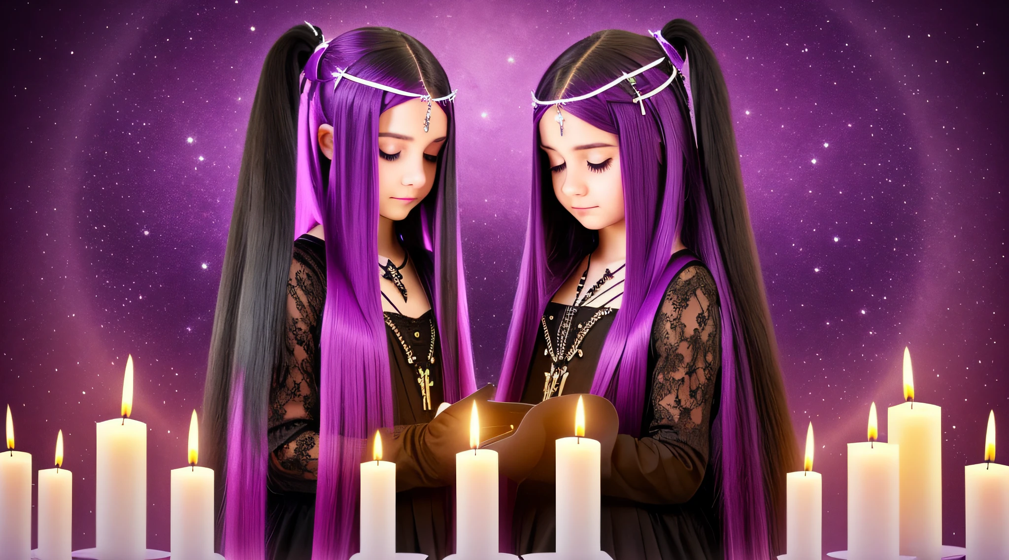GIRLS CHILDREN, BLONDES WITH VERY LONG STRAIGHT GOTHIC HAIR, PURPLE BACKGROUND., BACKGROUND OF CROSSES. PRAYING WITH FIRE CANDLES IN HAND.