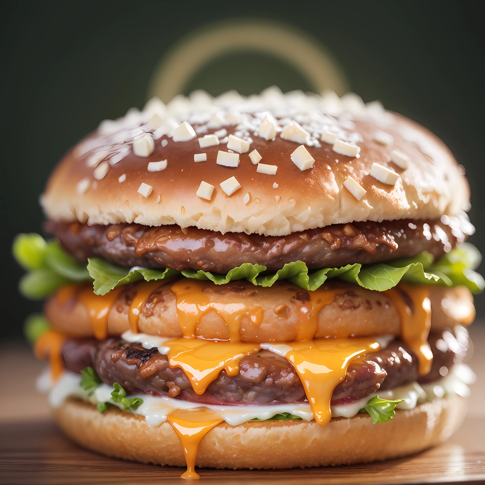 best quality, ultra high resolution, (photorealistic: 1.4), ultra-detailed, incredibly detailed, volumetric light, aluminum package, big mac, fried meat, wet lettuce, melting cheese, --auto --s2