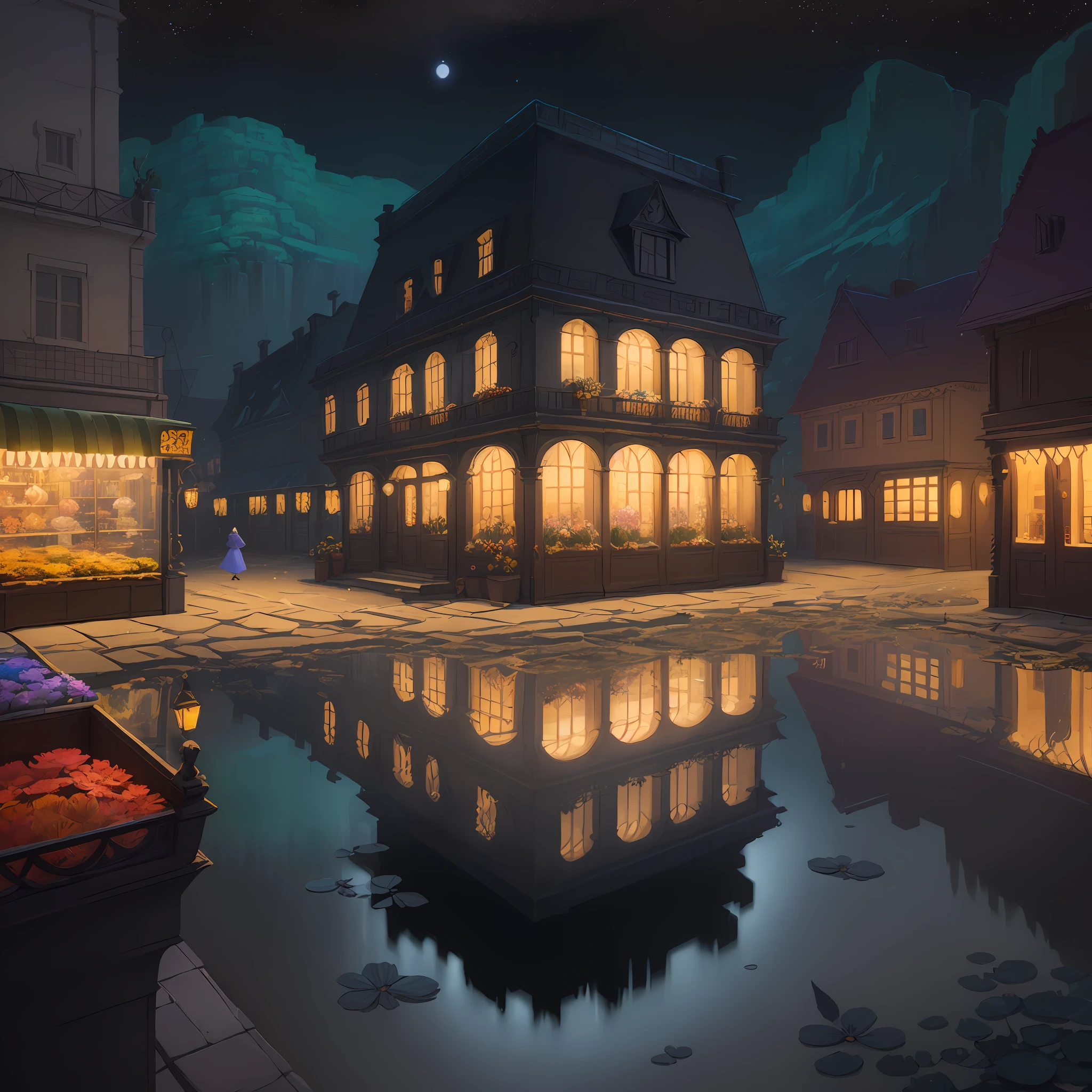 (art by Alexandre Benois:1.3), Isometric 3D of a Redshift render, Broken Flower shop, at Nighttime, Shameful, F/5, CMYK Colors
