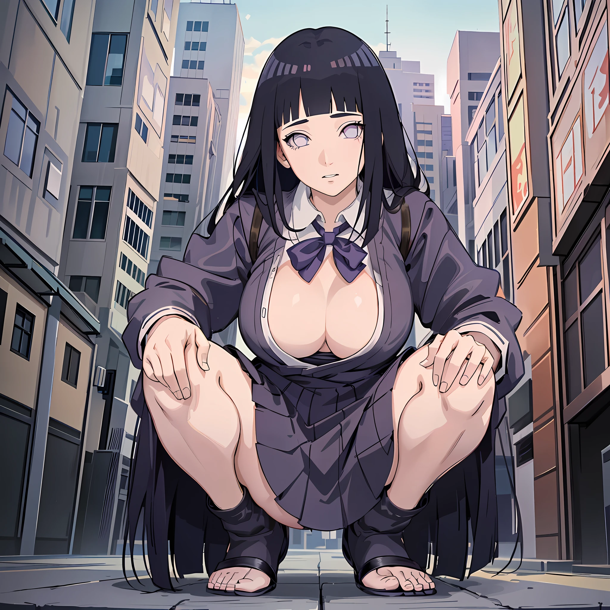 Move your center of gravity back, put your hands forward from both feet, put both feet in the circle of your hands, pretty embarrassing, no panties, thin legs, tight skirts, knees at 90 degrees, heels on the ground on, hands in front of feet, hugging legs, kneeling down, sidewalk, RAW photos, 8K, highest quality, ultra-high resolution, beautiful faces detailed, real human skin, gentle expressions, Front view, angle from below, long hair, realistic, photorealistic, cute, short skirt, squatting deep in the city, cute school girl, Japanese schoolgirl uniform, wearing Japanese school uniform, surreal high school girl, whole body, huge tits , huge breasts, loose breasts , soft skin, groin area,1 girl, (((Hinata Hyuga)))