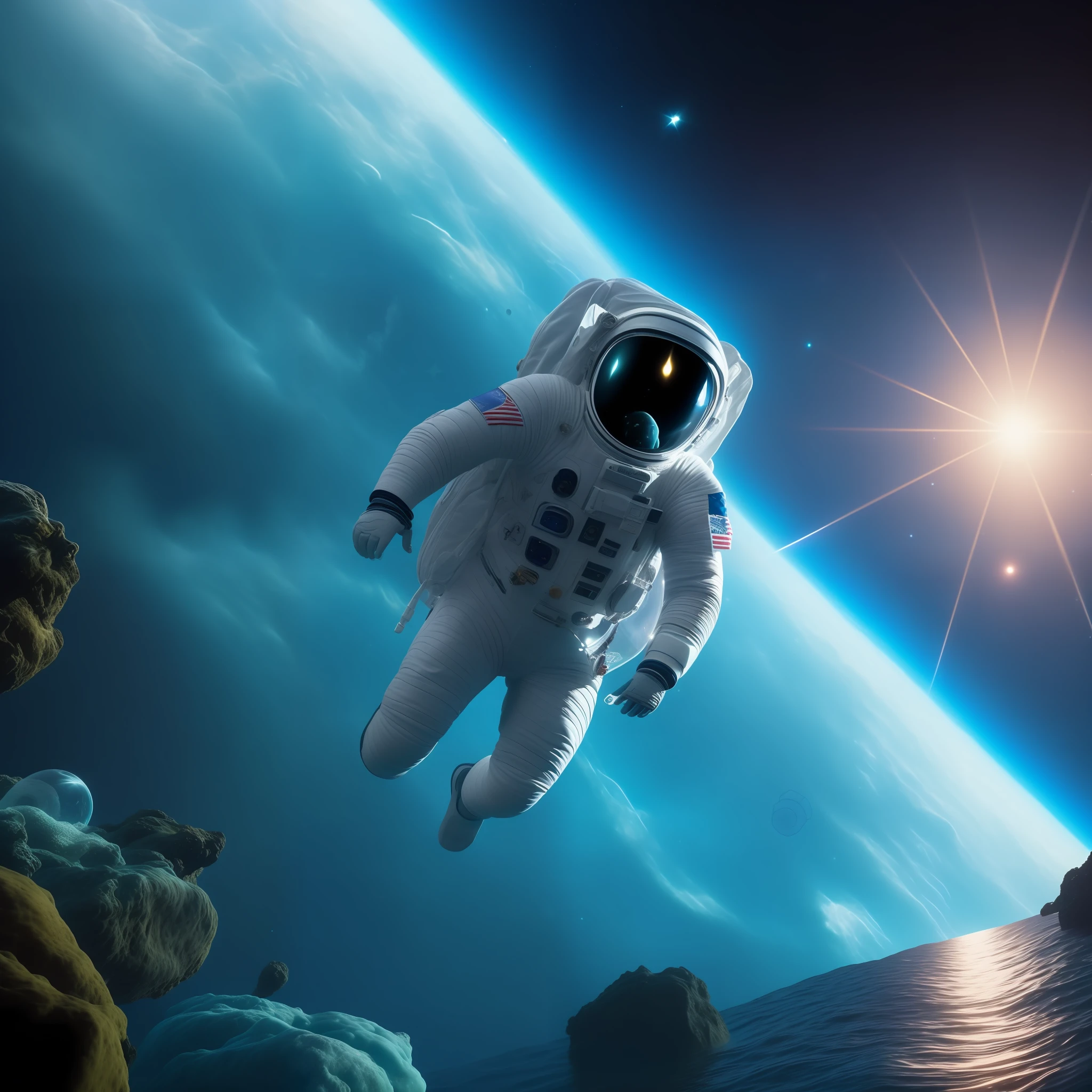 A realistic 8k astronaut in a mystical galaxy swimming in the sea, a spaceship wanting to save him from an alien monster, at the bottom of the sea