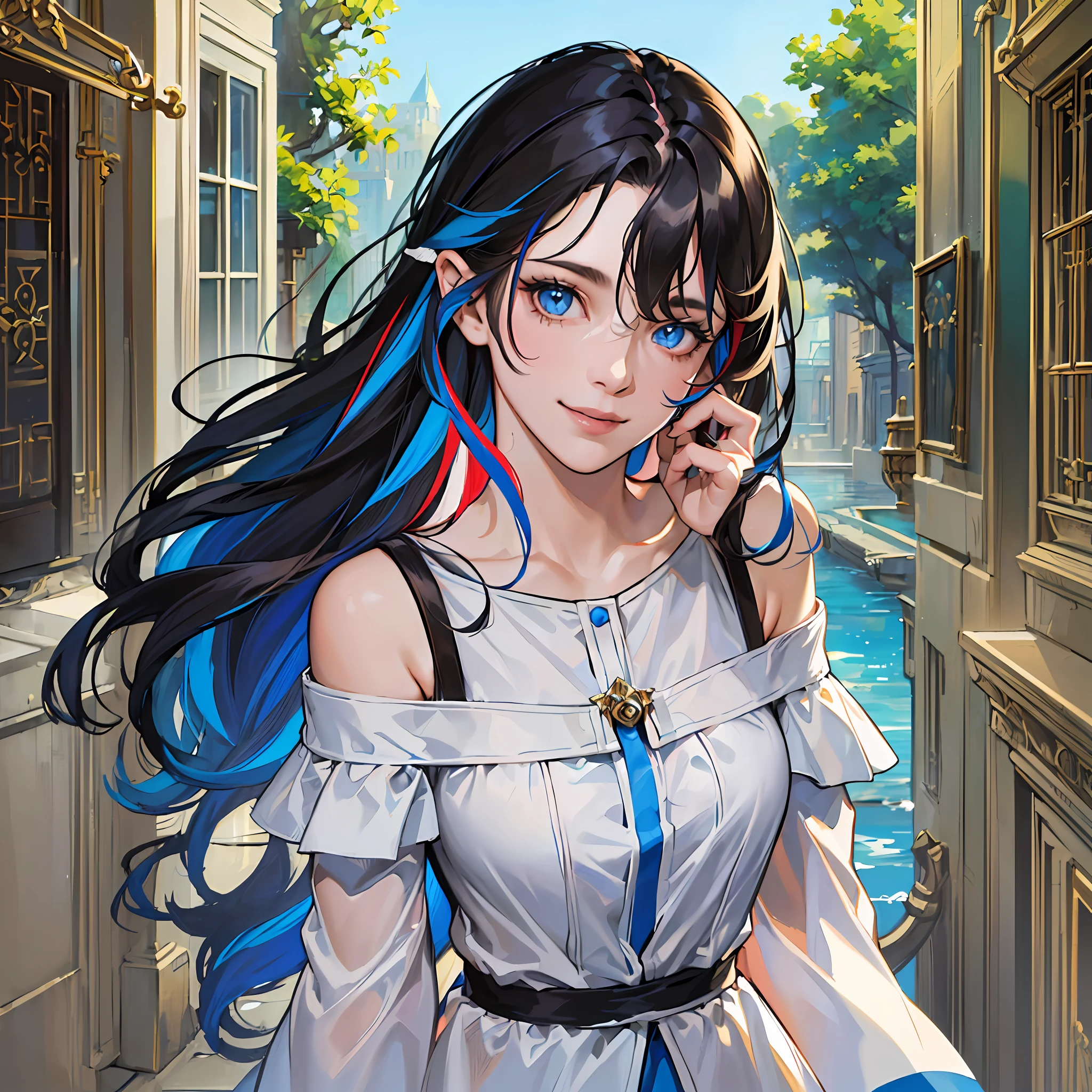 (masterpiece, best quality, highres), ((1girl, (mature female), dark hair, long hair, blue eyes, streaked hair)), (looking at viewer, light smile, off shoulder, upper body), (pov, scenery), --auto --s2