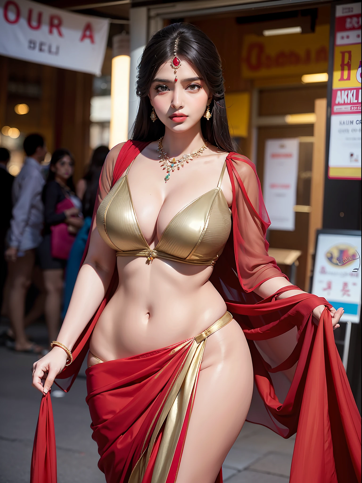 : A stunning Indian woman, confidently embracing her curves, dressed in a gorgeous saree that accentuates her voluptuous figure, the deep neckline of the blouse revealing her alluring cleavage, standing with poise and grace against the backdrop of a colorful and bustling Indian market, the vibrant atmosphere and rich cultural tapestry adding to her captivating presence, Photography, using a full-frame DSLR camera with a 50mm lens, --ar 3:2 --v 5