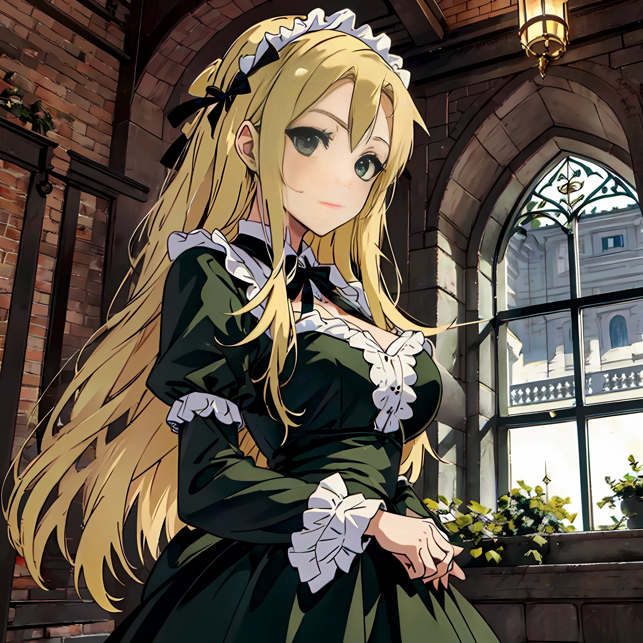 Blonde maid, green eyes, Gothic costume, hands crossed, standing waiting for orders, background in the castle,