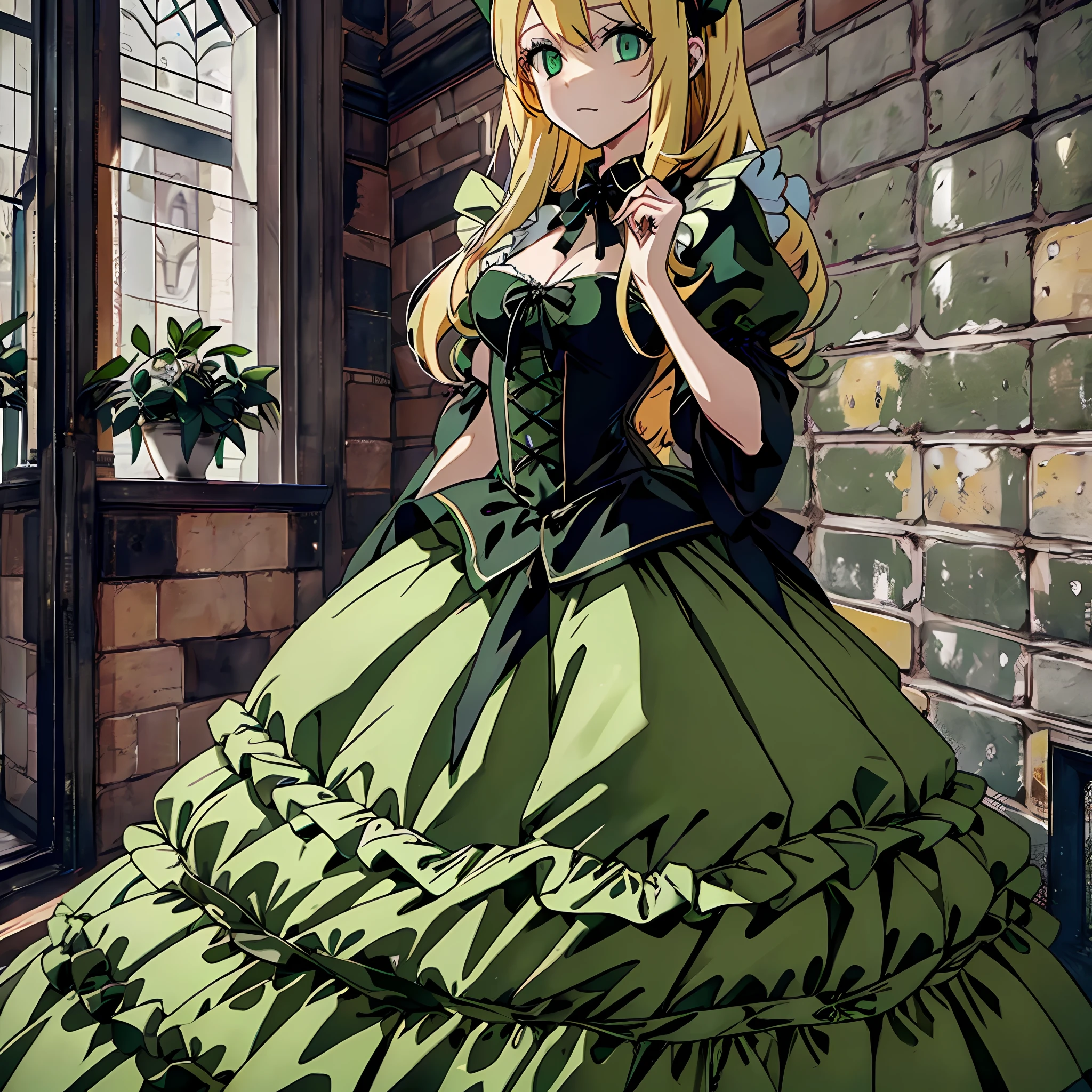 Blonde maid, green eyes, Gothic costume, hands crossed, standing waiting for orders, background in the castle,