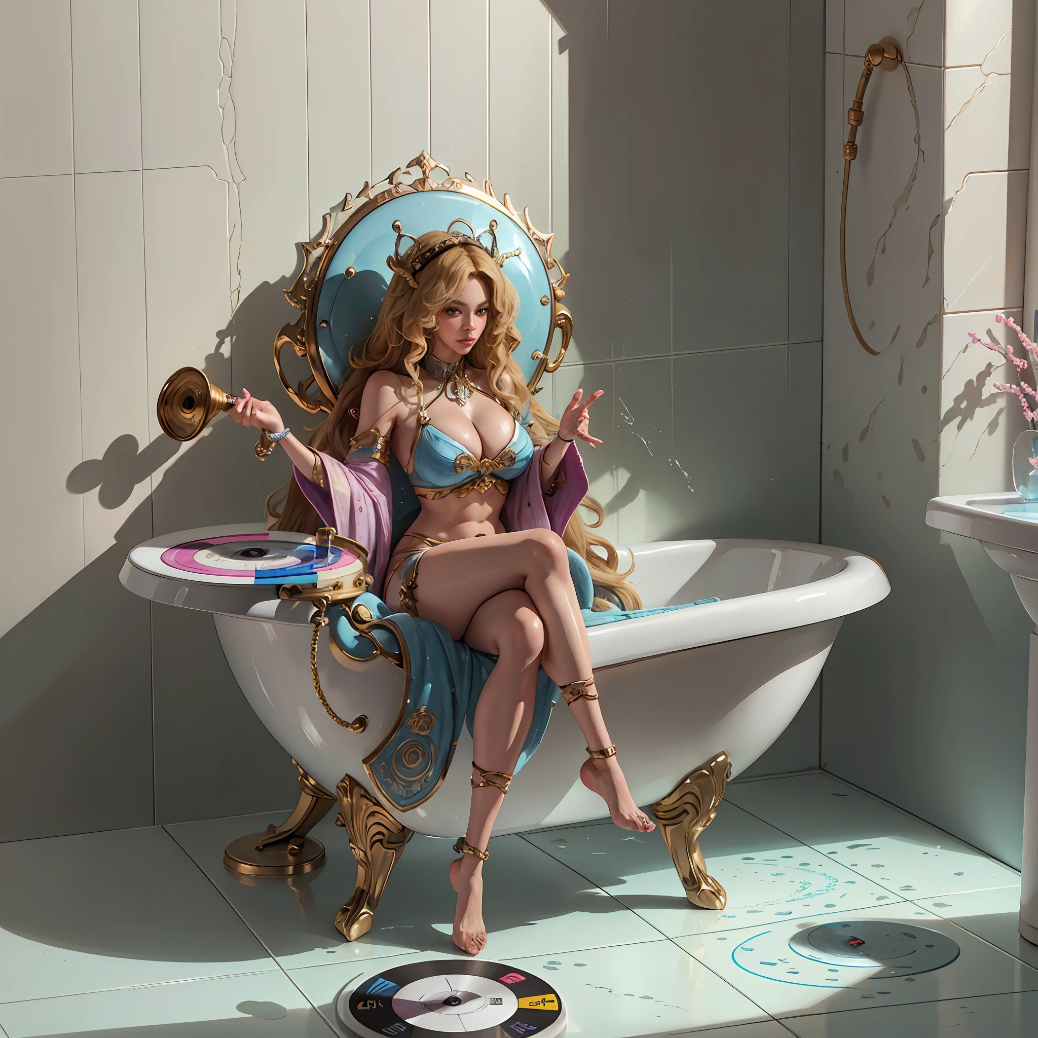 Beyoncé, in the shower, sitting on the toilet, in low pants, full body in high definition with a vinyl record for the support of the feet in an excellent evolution 8k (( Miniature toy for the collection --aut --auto --s2