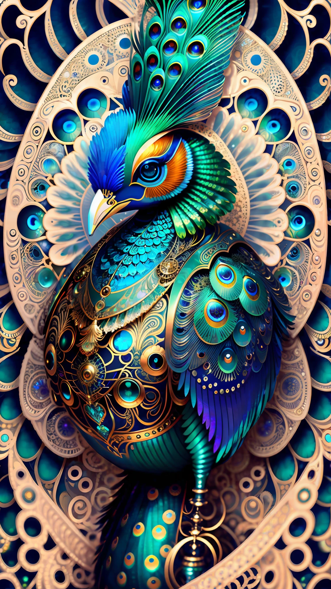 android mechnical peacock,robot wings,earnst haeckel, james jean. generative art, baroque, intricate patterns, fractalism, movie still, photorealistic, vibrant peacock feathers, intricate, elegant, highly detailed, digital painting, artstation, smooth, sharp focus, illustration, outrun, vaporware,full body shot