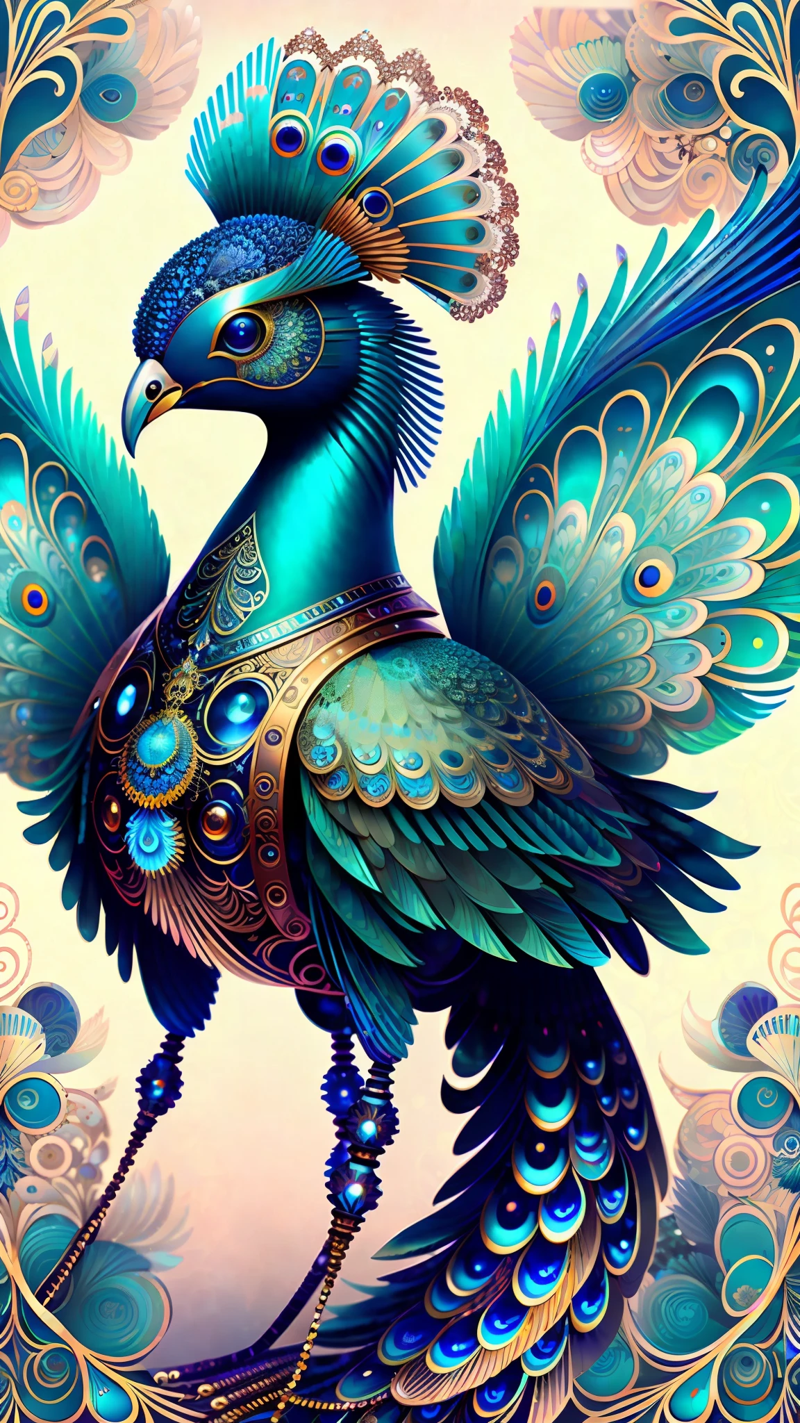 android mechnical peacock,robot wings,earnst haeckel, james jean. generative art, baroque, intricate patterns, fractalism, movie still, photorealistic, vibrant peacock feathers, intricate, elegant, highly detailed, digital painting, artstation, smooth, sharp focus, illustration, outrun, vaporware,full body shot