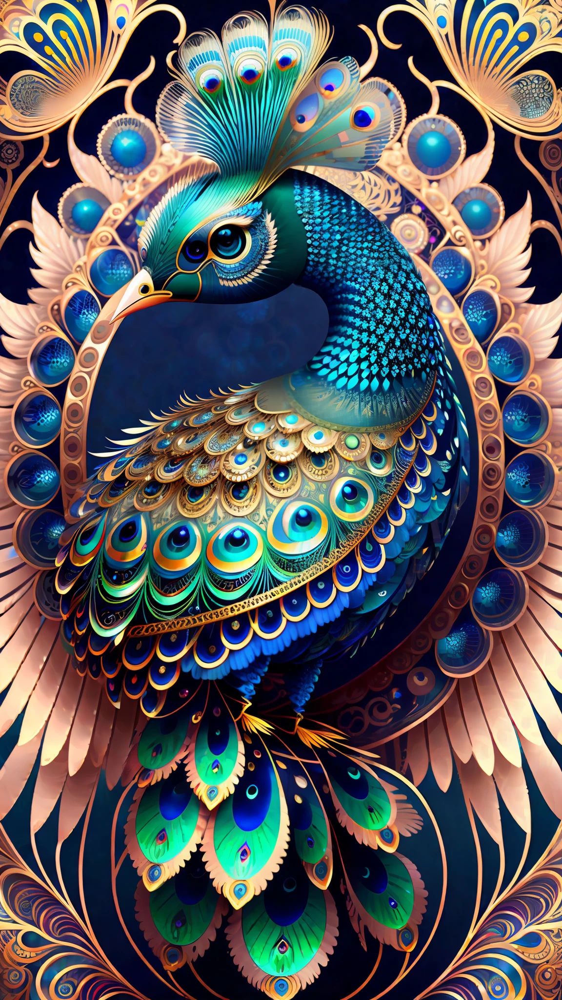 android mechnical peacock,robot wings,earnst haeckel, james jean. generative art, baroque, intricate patterns, fractalism, movie still, photorealistic, vibrant peacock feathers, intricate, elegant, highly detailed, digital painting, artstation, smooth, sharp focus, illustration, outrun, vaporware,full body shot