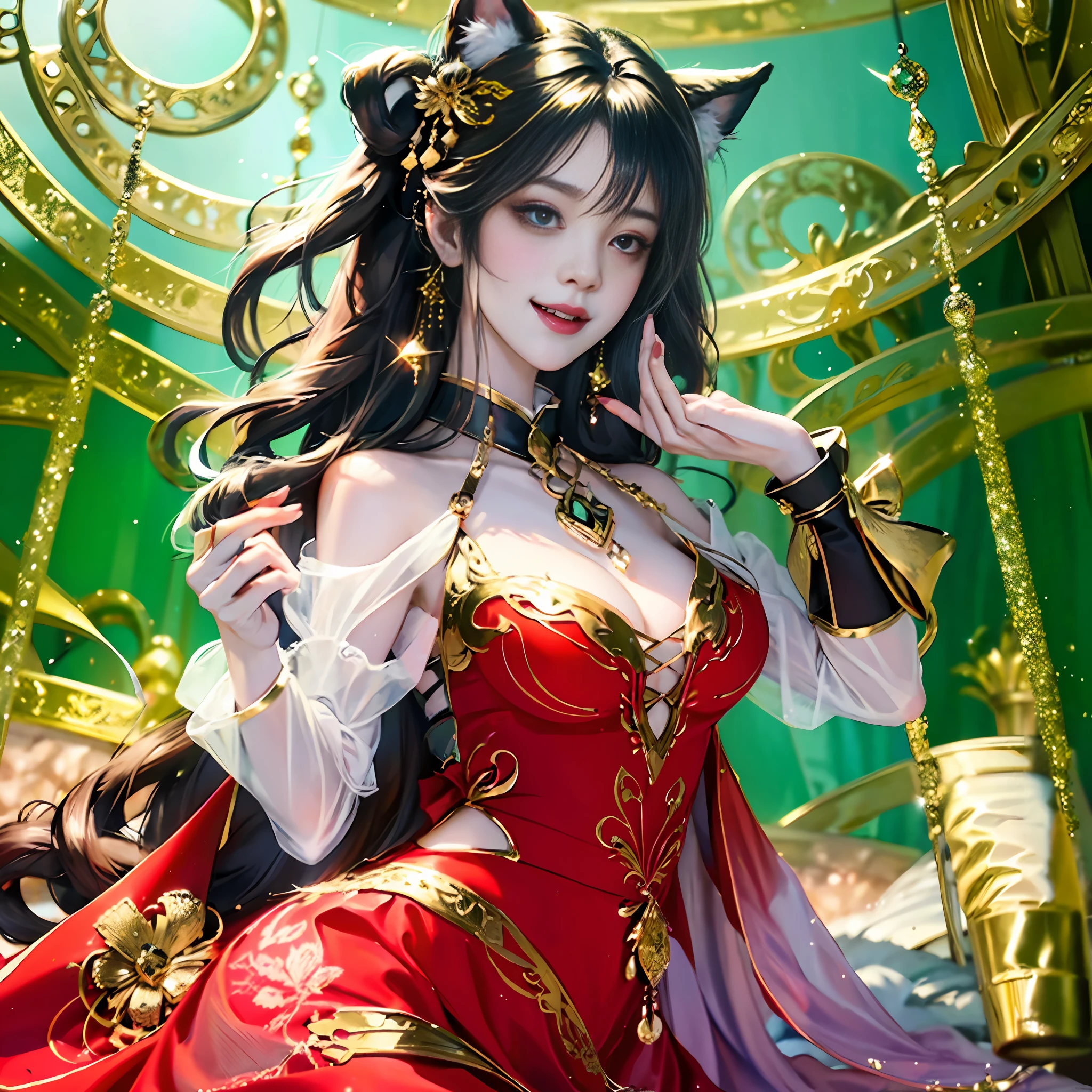 Brunette hair, hair bubbles, cringe, long eyelashes, solid round eyes, fake animal ears, light smile, ear blush, fangs, seductive smile, verbal invitation, heart in the eyes, moaning, drooling, agataka, naughty face, full face blush, surrealism, shadow, relief, dioragram, tachi-e, pov, atmospheric perspective, digama, digama, 8k, super detail, ccurate, best quality, uhd, textured skin, high detail 1girl, solo, long hair, breasts, smile, bangs, Gloves, bare shoulders, medium breasts, blue hair, purple eyes, ahoge, pantyhose, side hair, parted lips, sleeves, flares, black gloves, black pantyhose, bells, neckbells, white sleeves, gold trim, antique style,