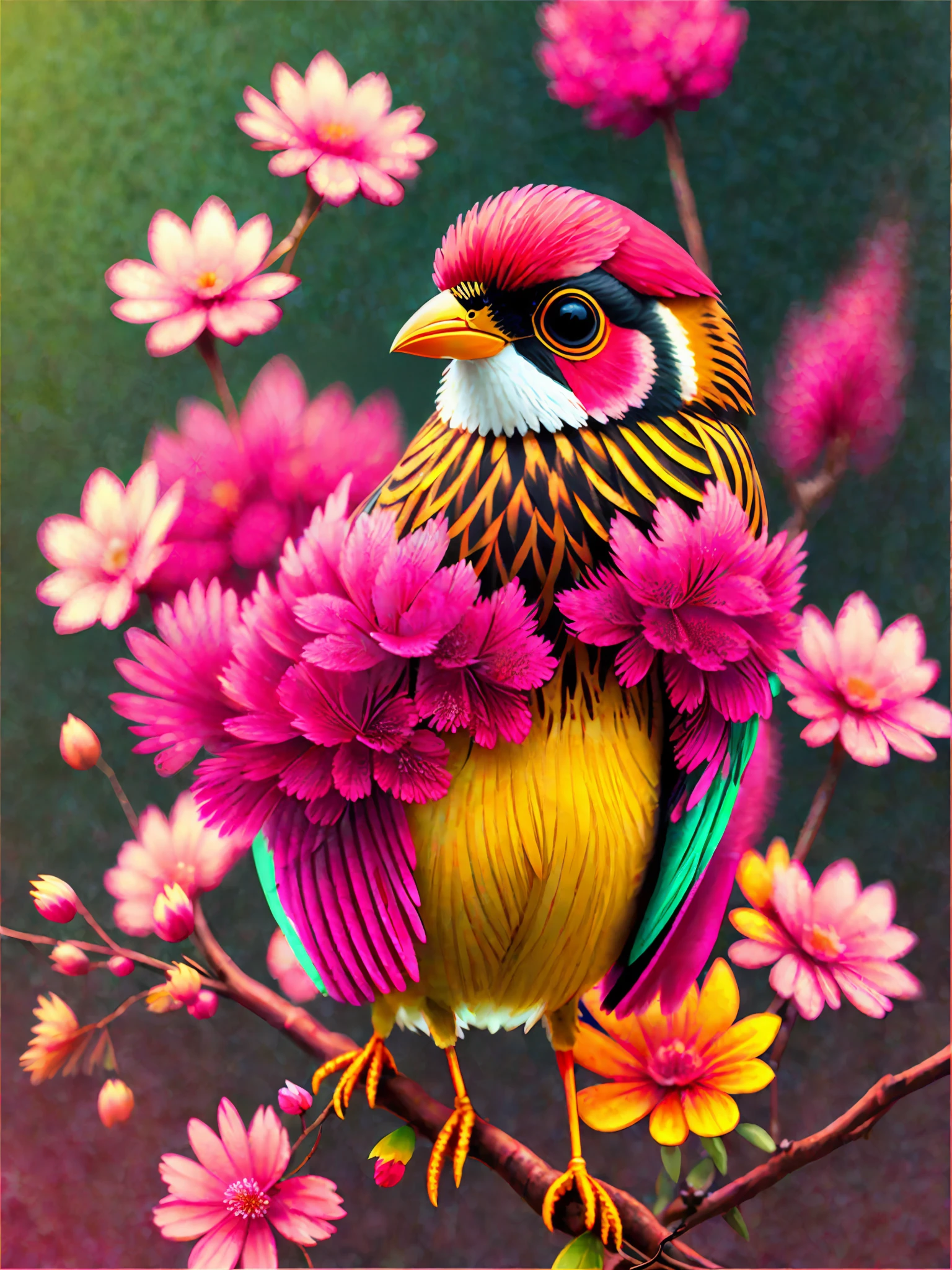 a bird sitting on a branch with pink flowers, cgi art, red-yellow colors, hyperrealistic sparrows, pinterest, photorealistic artstyle, in rich color, an ai generated image, very detailed portrait, singing for you, breathtaking render