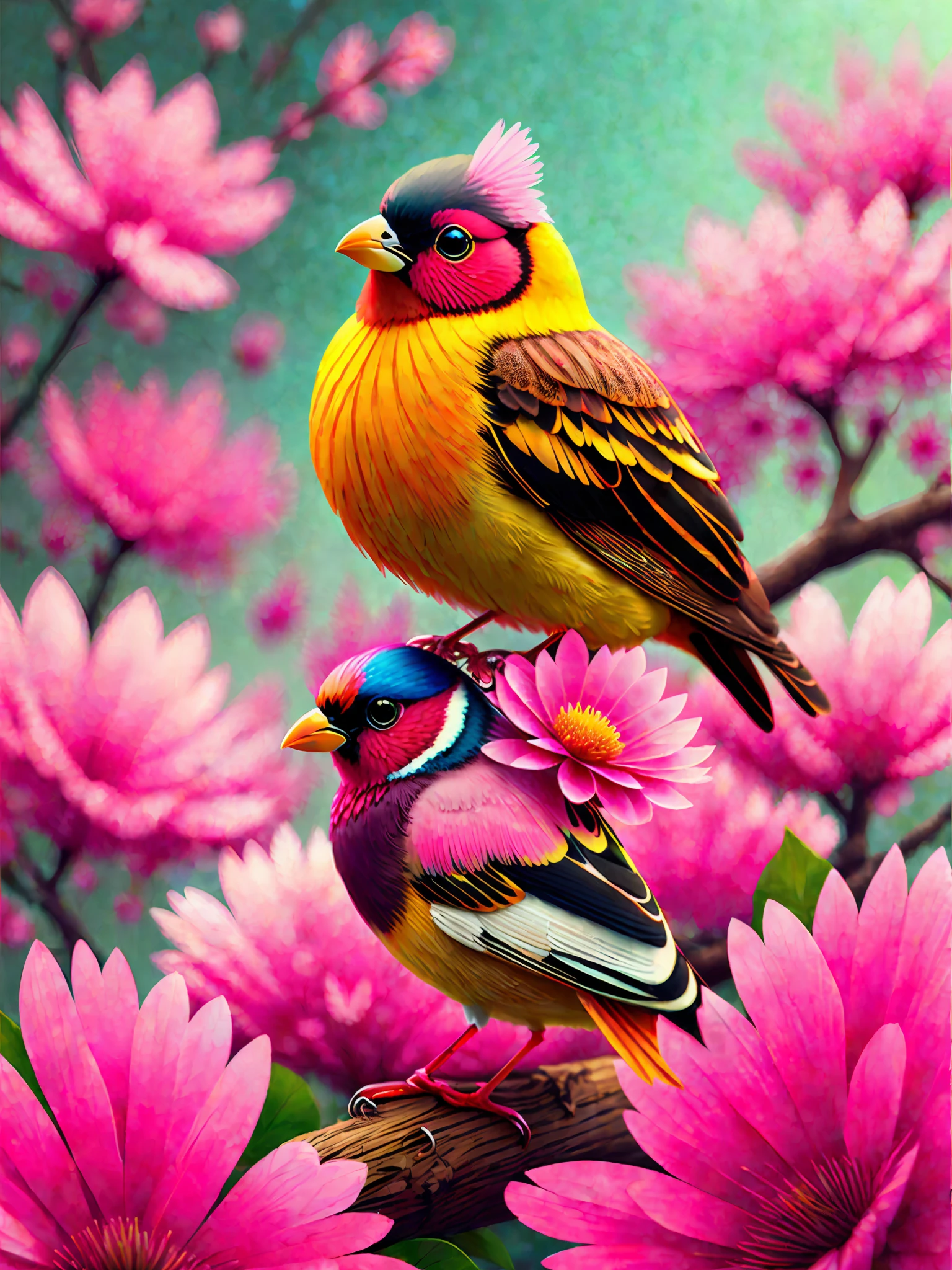 a bird sitting on a branch with pink flowers, cgi art, red-yellow colors, hyperrealistic sparrows, pinterest, photorealistic artstyle, in rich color, an ai generated image, very detailed portrait, singing for you, breathtaking render