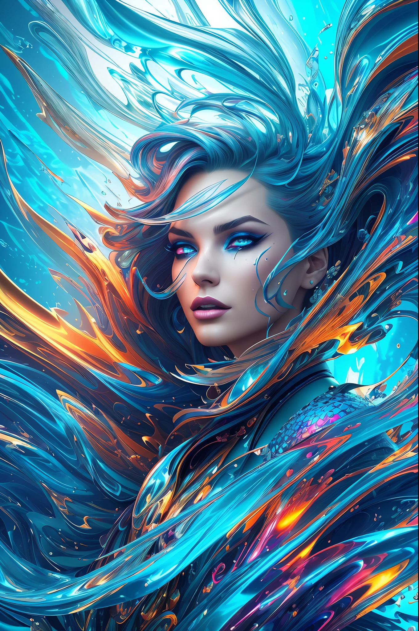 modelshoot style, (extremely detailed CG unity 8k wallpaper), Chaotic storm of intricate liquid smoke in the head, stylized beauty full - length abstract portrait, wet-skin, by petros afshar, ross tran, tom whalen, peter mohrbacher, artgerm, shattered glass, ((bubbly underwater scenery)) radiant light octane render highly detailed ((evil aesthetic))