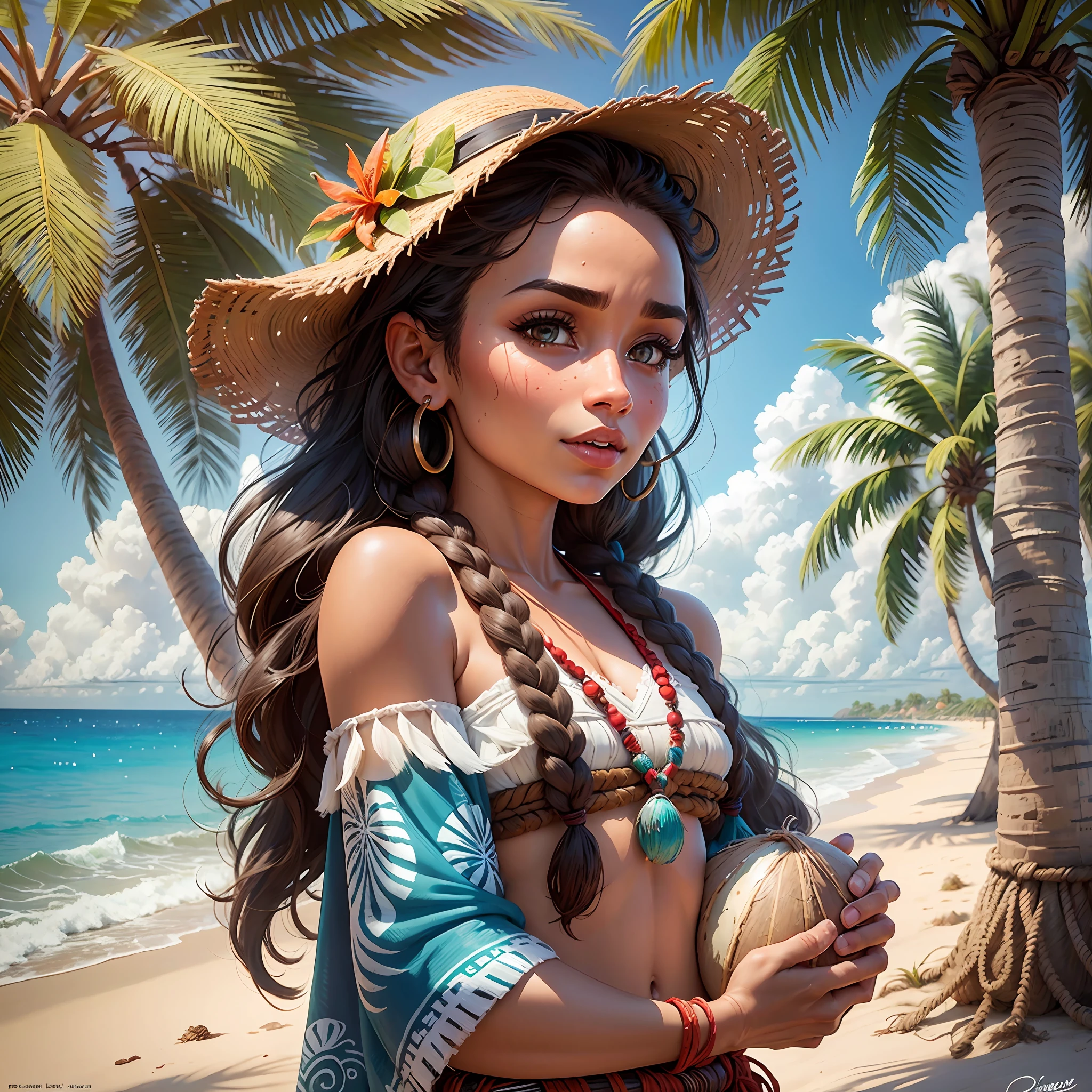 REALISTIC IMAGE, BEAUTIFUL WOMAN, ON THE BEACH, COCONUT TREES, RED BINIQUI, HUMAN DISNEY MOANA --auto --s2