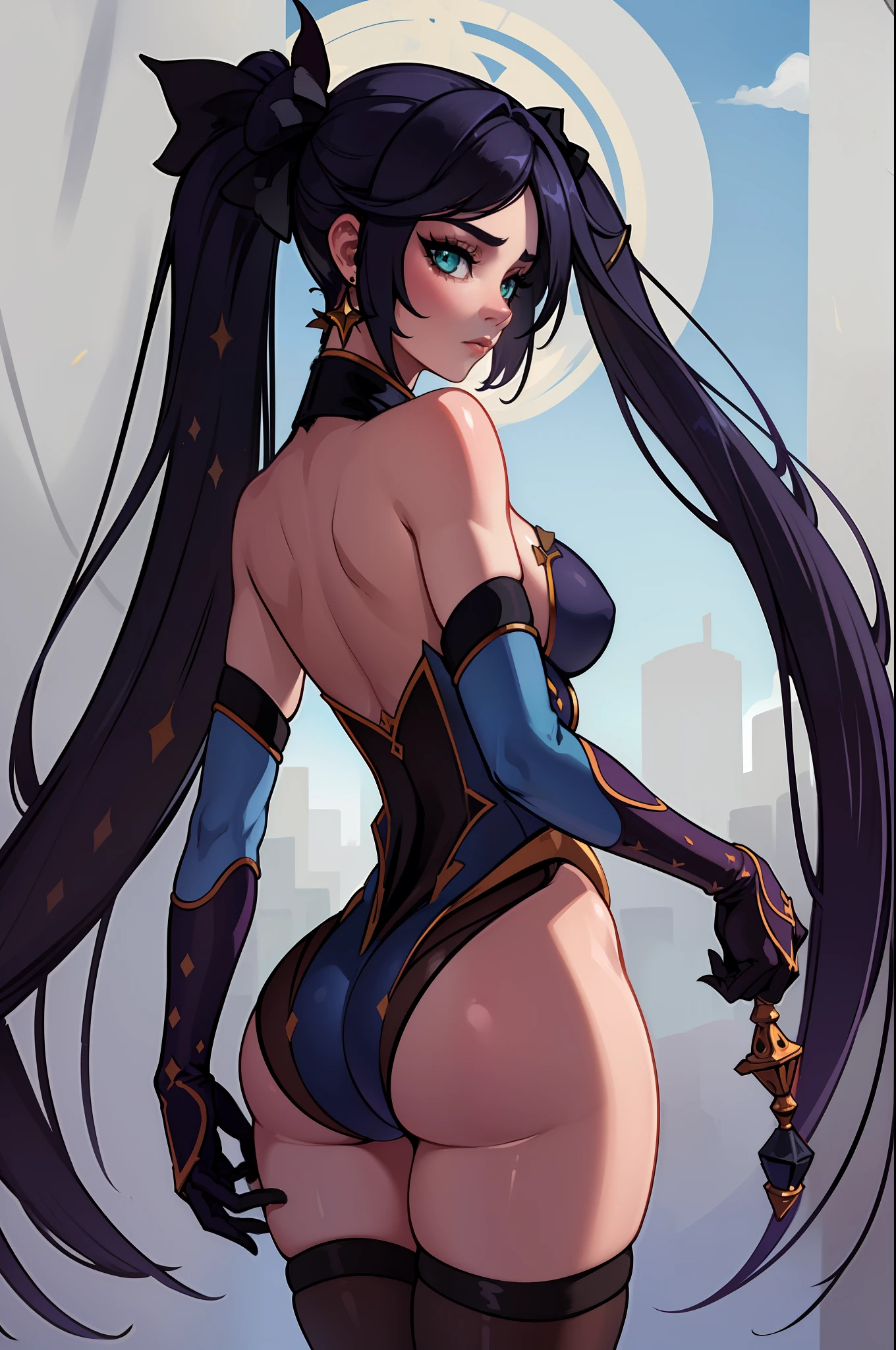 ((extreme detail)),(super detailed),(painting), chiaroscuro, extremely detailed wallpaper CG unity 8k, gimona, earring, stockings, hair ribbon, hair decoration, looks at the viewer, big ass, wide hips, back, sky background,