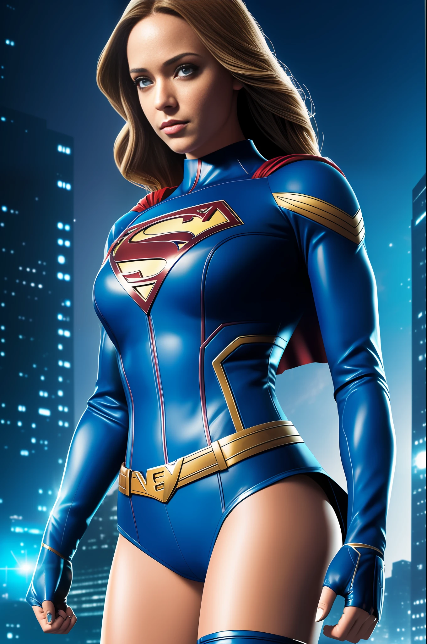 Sasha Calle, (as a DC Comics superhero), supergirl, photorealistic erotic image, (highly detailed infographic), perfect thighs, (revealing blue outfit), (futuristic city background), atmospheric lighting, film composition, concept art, digital illustration, detailed, 8k wallpaper of the highest quality, sharp focus, NIKON, natural light, 8K, highly detailed, ((perfect eyes)), (detailed pupils)