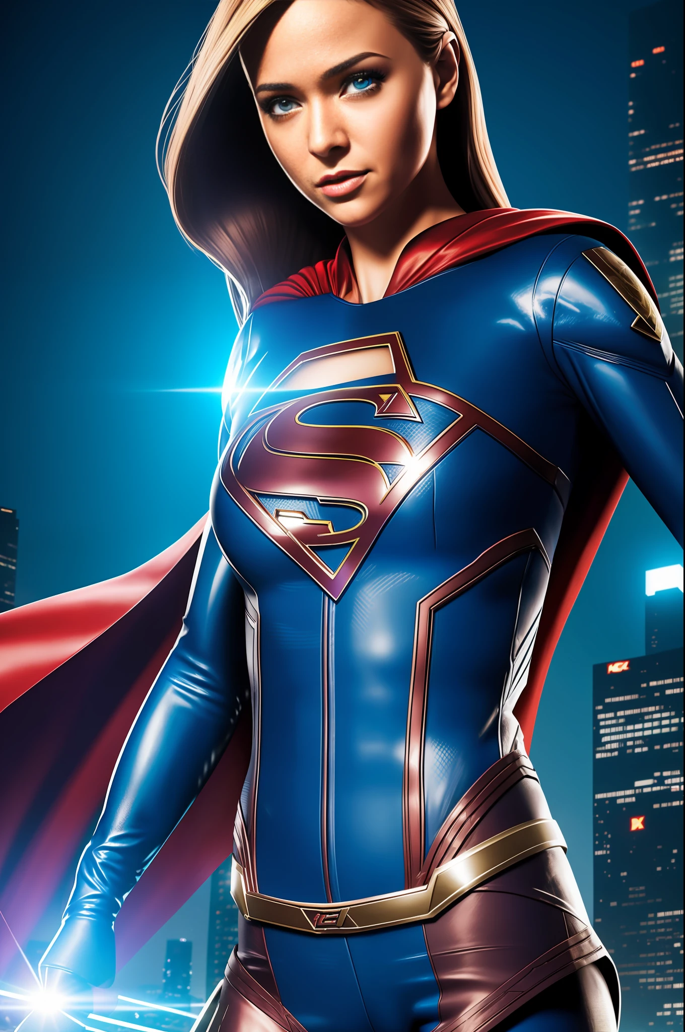 Sasha Calle, (as a DC Comics superhero), supergirl, photorealistic erotic image, (highly detailed infographic), perfect thighs, (revealing blue outfit), (futuristic city background), atmospheric lighting, film composition, concept art, digital illustration, detailed, 8k wallpaper of the highest quality, sharp focus, NIKON, natural light, 8K, highly detailed, ((perfect eyes)), (detailed pupils)