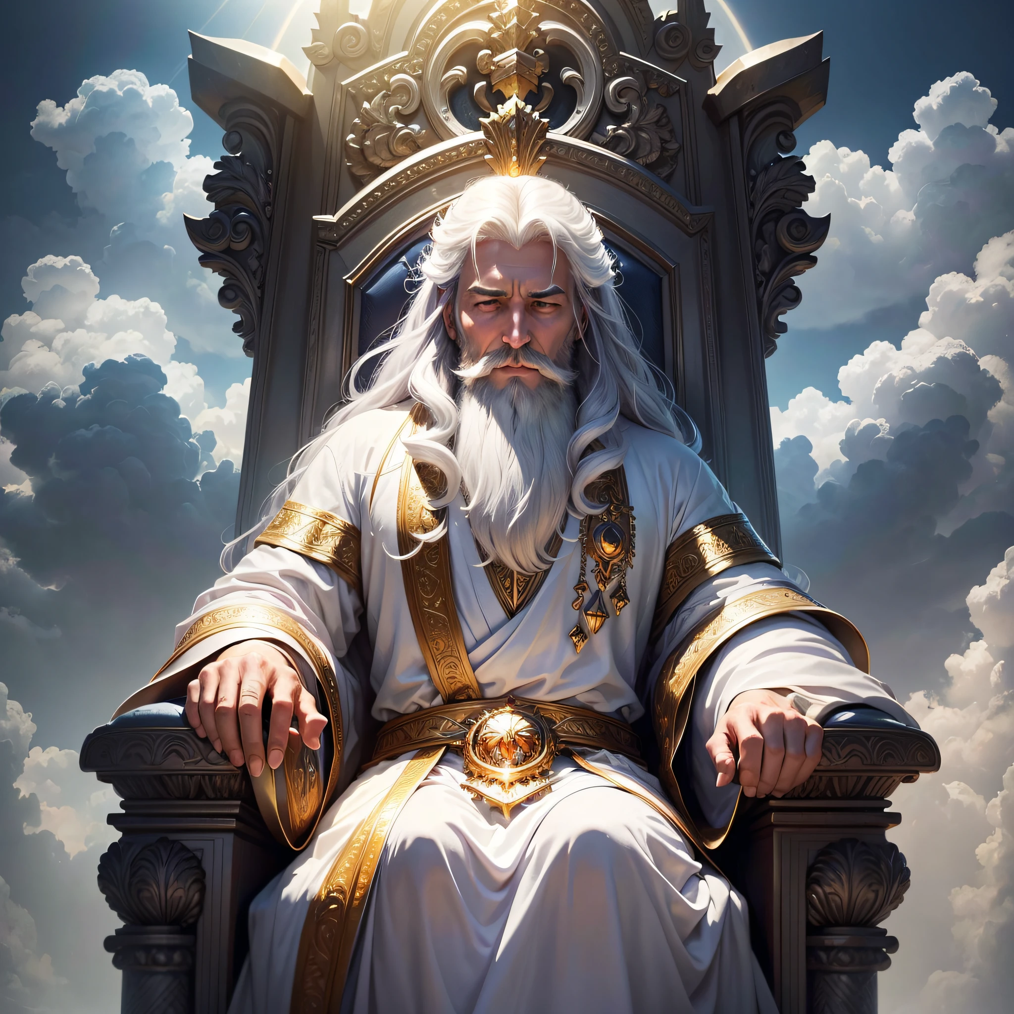 (masterpiece, best quality, ultra-realistic), God's powerful blur throne, made of sapphire stone,floating over the clouds,, high resolution, divine man, majestic, strong, imposing, white hair and beard, white clothes warmth, dazzling light, serene aura, magnificent aura, god (embodiment of power:1.2), glorious, surreal, a rainbow over the throne (emitting light:1.3), (gleaming:1.2)