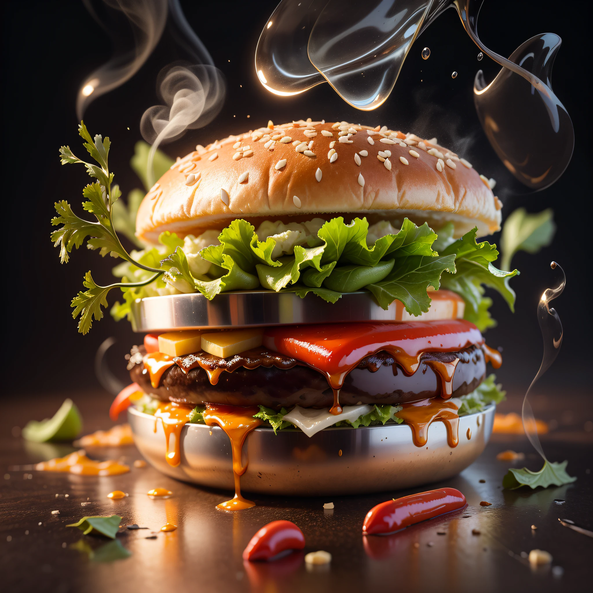 best quality, ultra high resolution, (photorealistic: 1.4), ultra-detailed, incredibly detailed, aluminum package, big mac, fried meat, wet lettuce, melting cheese, red peppers falling around, smoke and steam