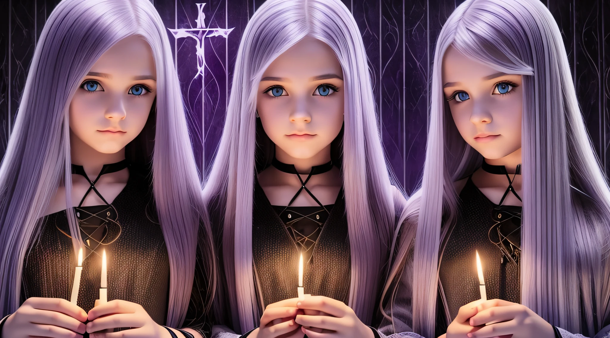 GIRLS CHILDREN, BLONDES WITH VERY LONG STRAIGHT GOTHIC HAIR, PURPLE BACKGROUND., BACKGROUND OF CROSSES. PRAYING WITH FIRE CANDLES IN HAND.