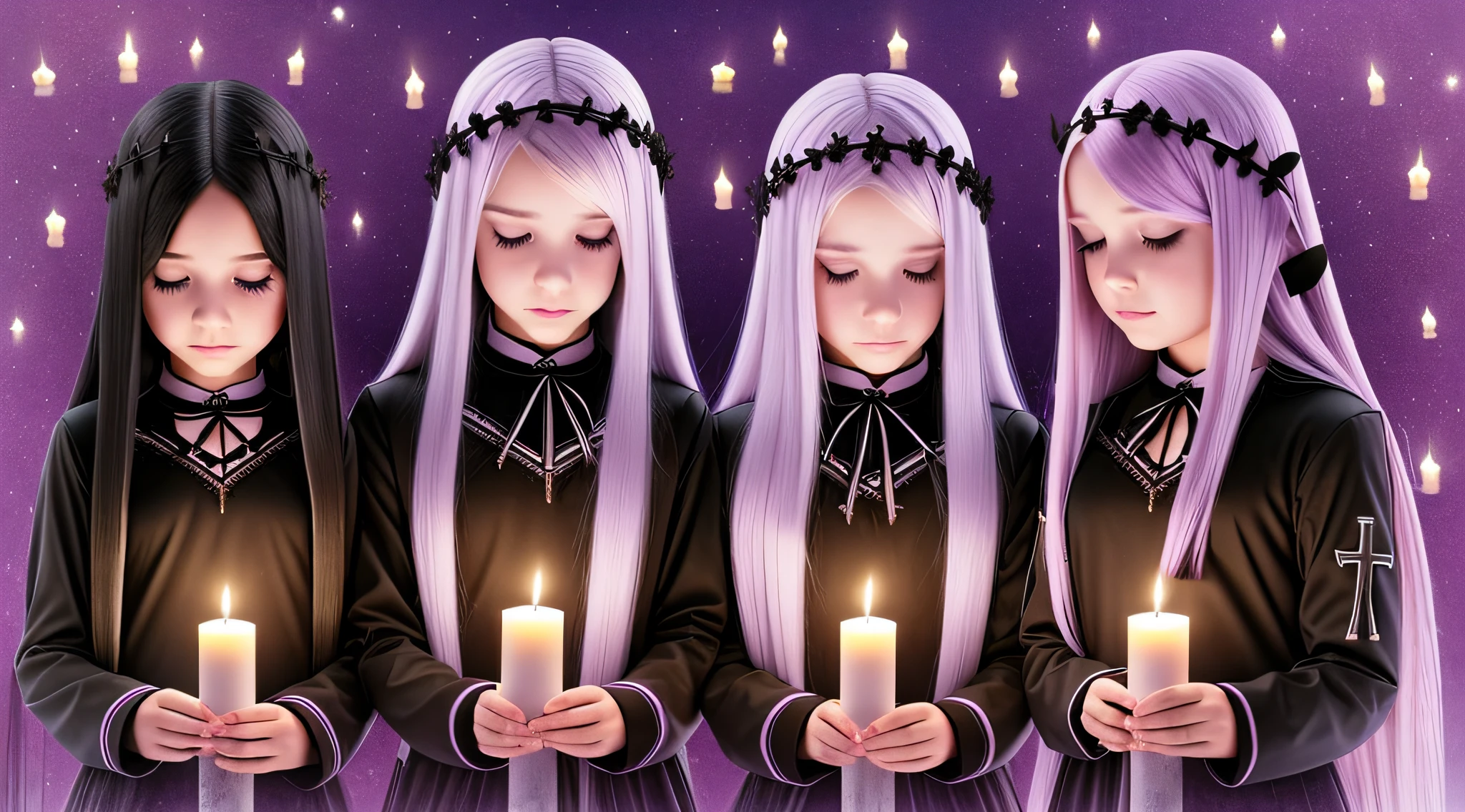 GIRLS CHILDREN, BLONDES WITH VERY LONG STRAIGHT GOTHIC HAIR, PURPLE BACKGROUND., BACKGROUND OF CROSSES. PRAYING WITH FIRE CANDLES IN HAND.