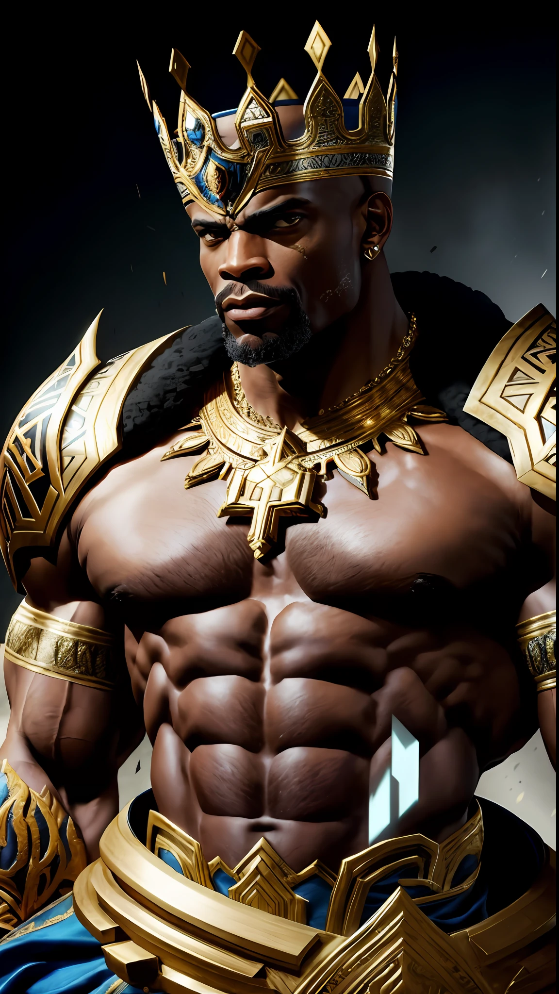 8k portrait of Ronnie coleman muscular, wearing a crown on his head, wakanda background, intricate, elegant, highly detailed, majestic, digital photography, art by artgerm and ruan jia and greg rutkowski, black eyes, (detailed eyes) broken glass (masterpiece, side lighting, beautiful finely detailed eyes: 1.2 ), hdr,