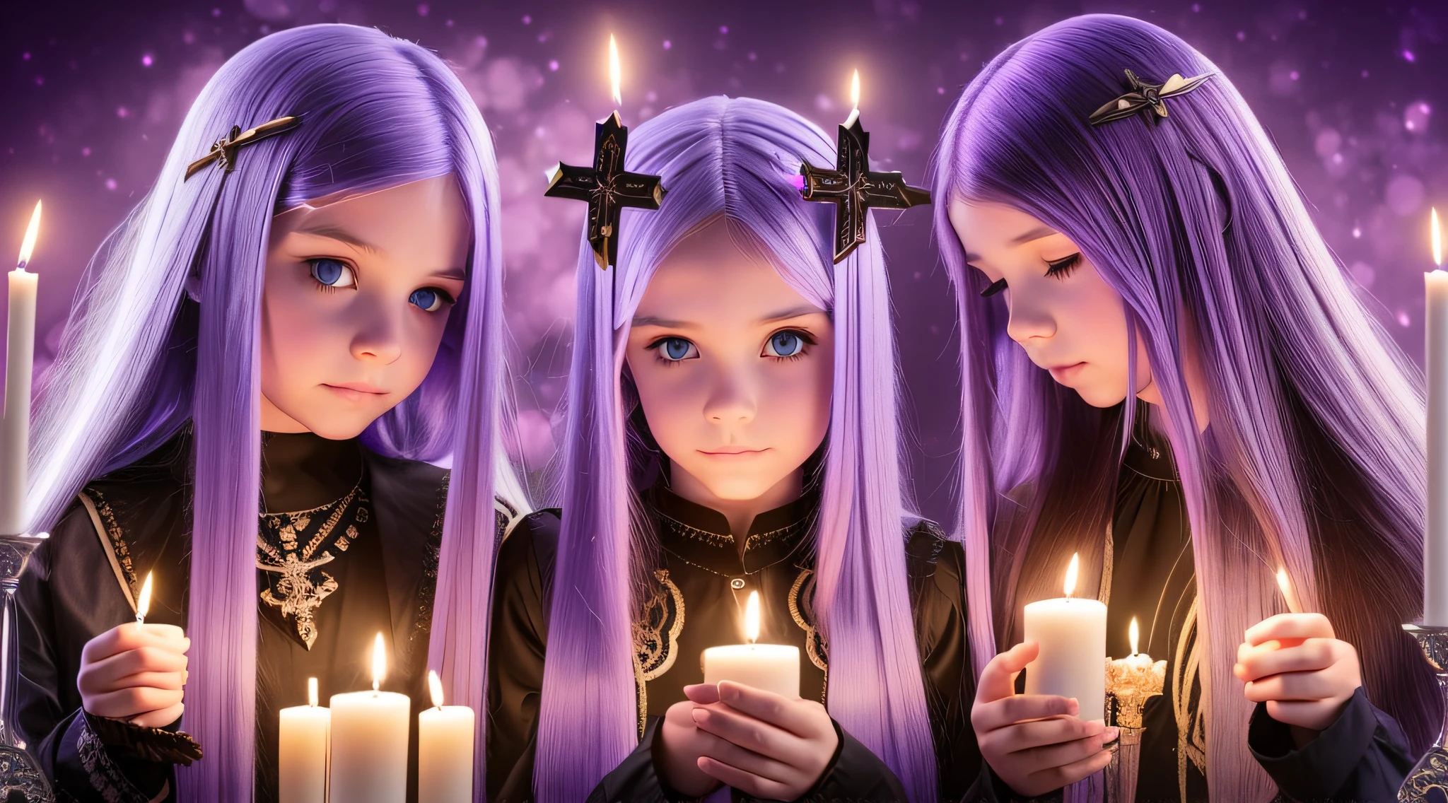 GIRLS REN, BLONDES WITH VERY LONG STRAIGHT GOTHIC HAIR, PURPLE BACKGROUND., BACKGROUND OF CROSSES. PRAYING WITH FIRE CANDLES IN HAND.