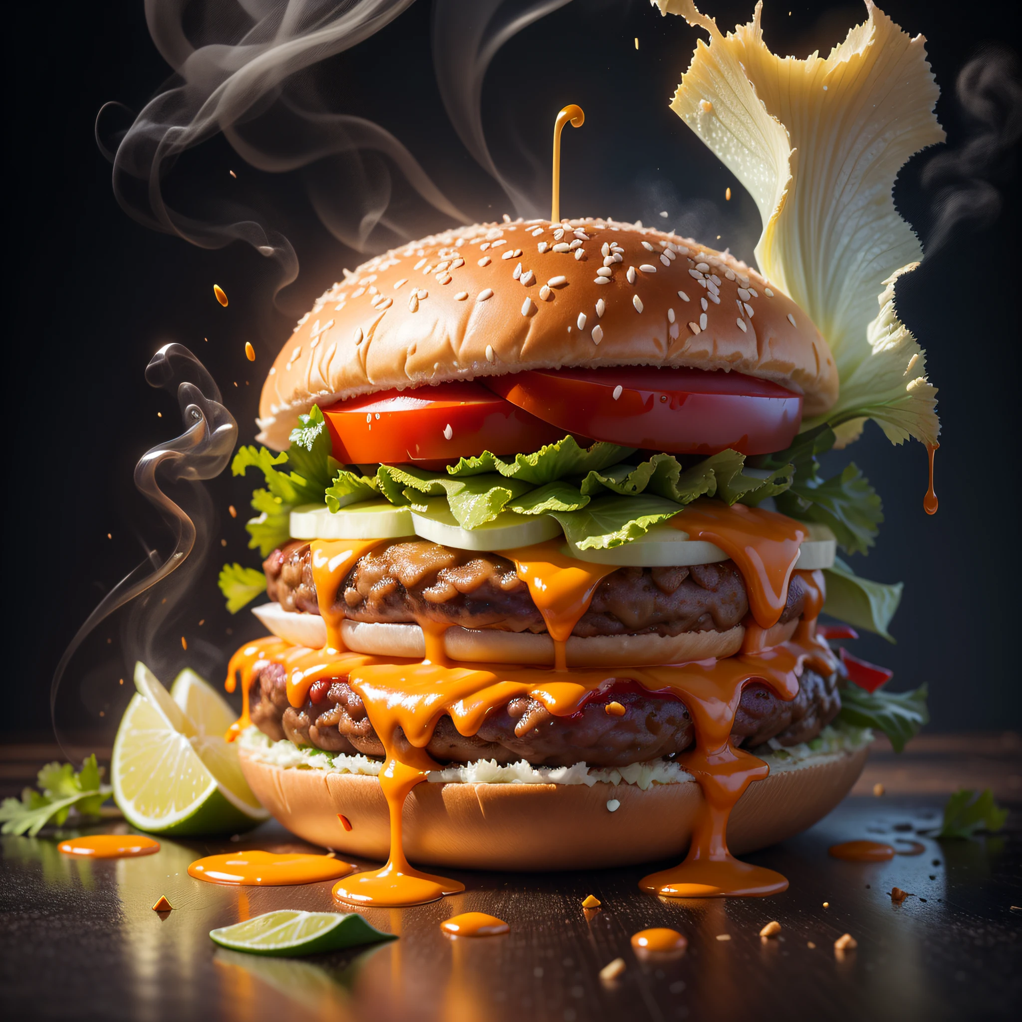 best quality, ultra high resolution, (photorealistic: 1.4), ultra-detailed, incredibly detailed, aluminum package, big mac, fried meat, wet lettuce, melting cheese, red peppers falling around, smoke and steam