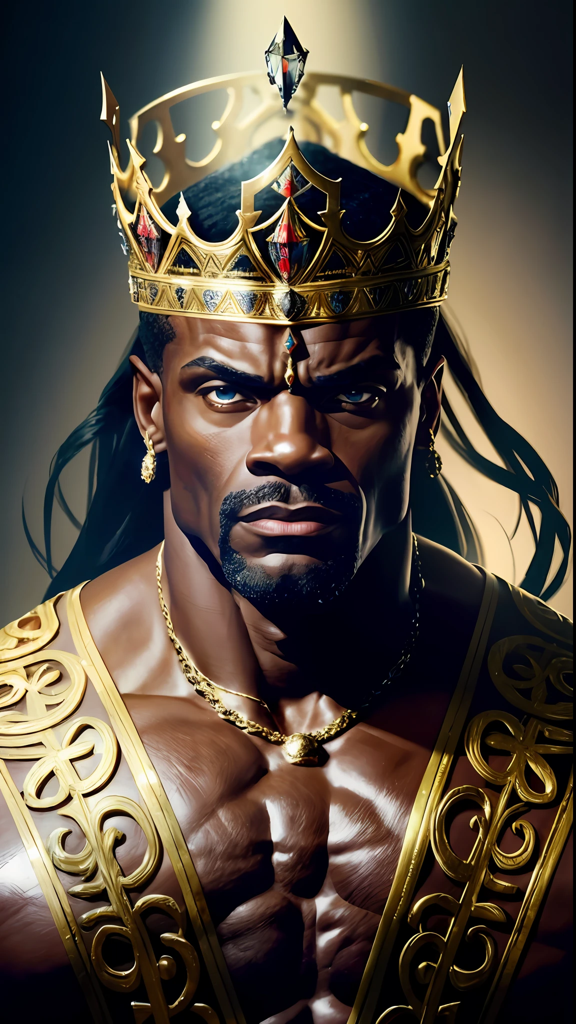 Close 8k portrait of Ronnie coleman muscular, wearing a crown on his head, bodybuilding gym background, intricate, elegant, highly detailed, majestic, digital photography, art by Artgerm and Ruan Jia and Greg Rutkowski, black eyes, (detailed eyes) broken glass (masterpiece, side lighting, beautiful finely detailed eyes: 1.2 ), hdr,