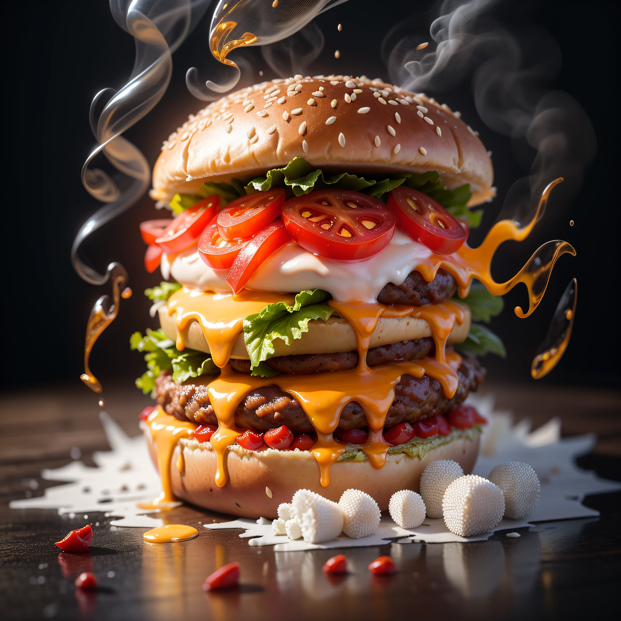 best quality, ultra high resolution, (photorealistic: 1.4), ultra-detailed, incredibly detailed, aluminum package, big mac, fried meat, wet lettuce, melting cheese, red peppers falling around, smoke and steam