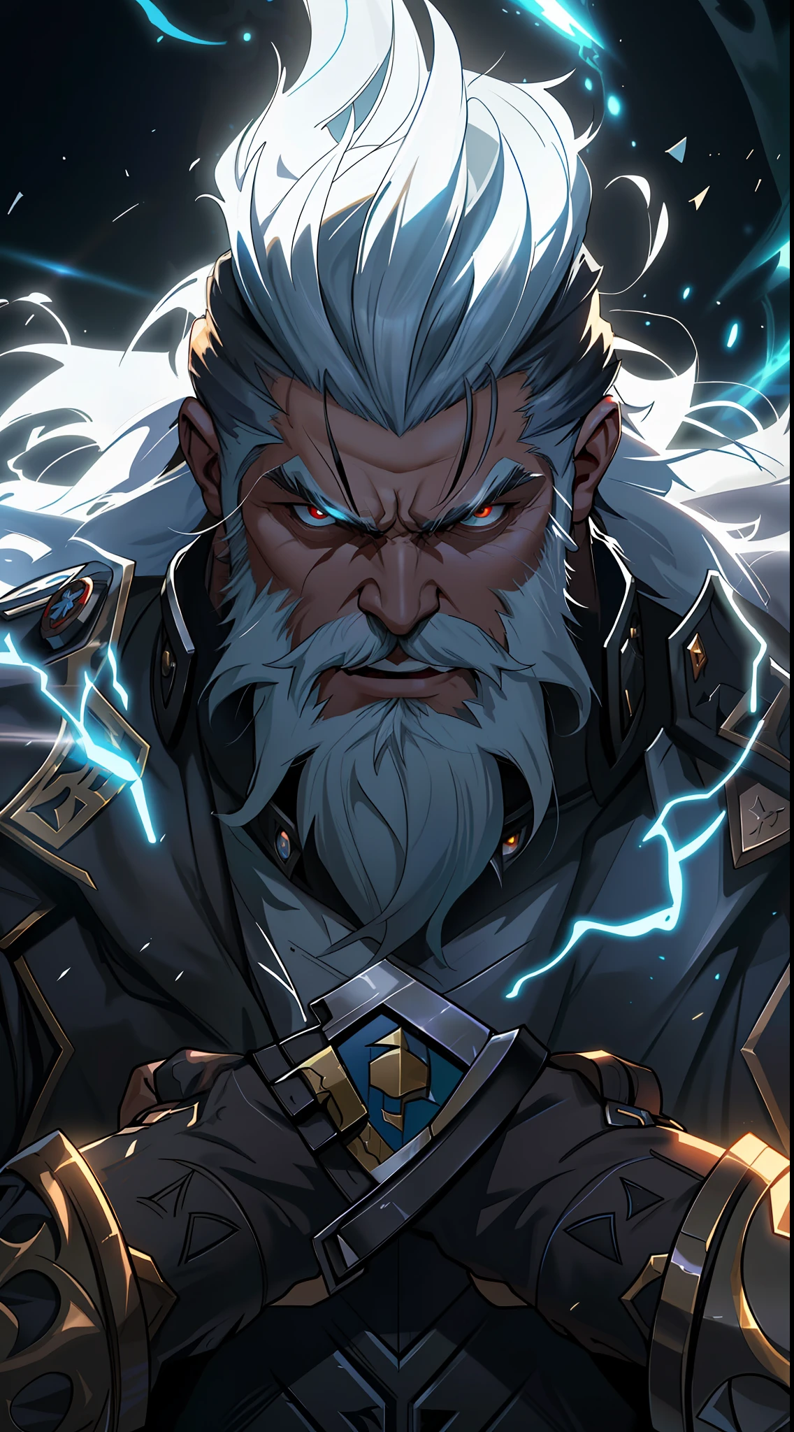 a close up of a man with a beard and a white beard, guilty gear strive splash art, iconic character splash art, 8k hd wallpaperjpeg artifact, 8 k hd wallpaperjpeg artifact, mohrbacher, character splash art, greybeard, epic character art, genshin impact character, rossdraws volumetric lighting, the god of thunder