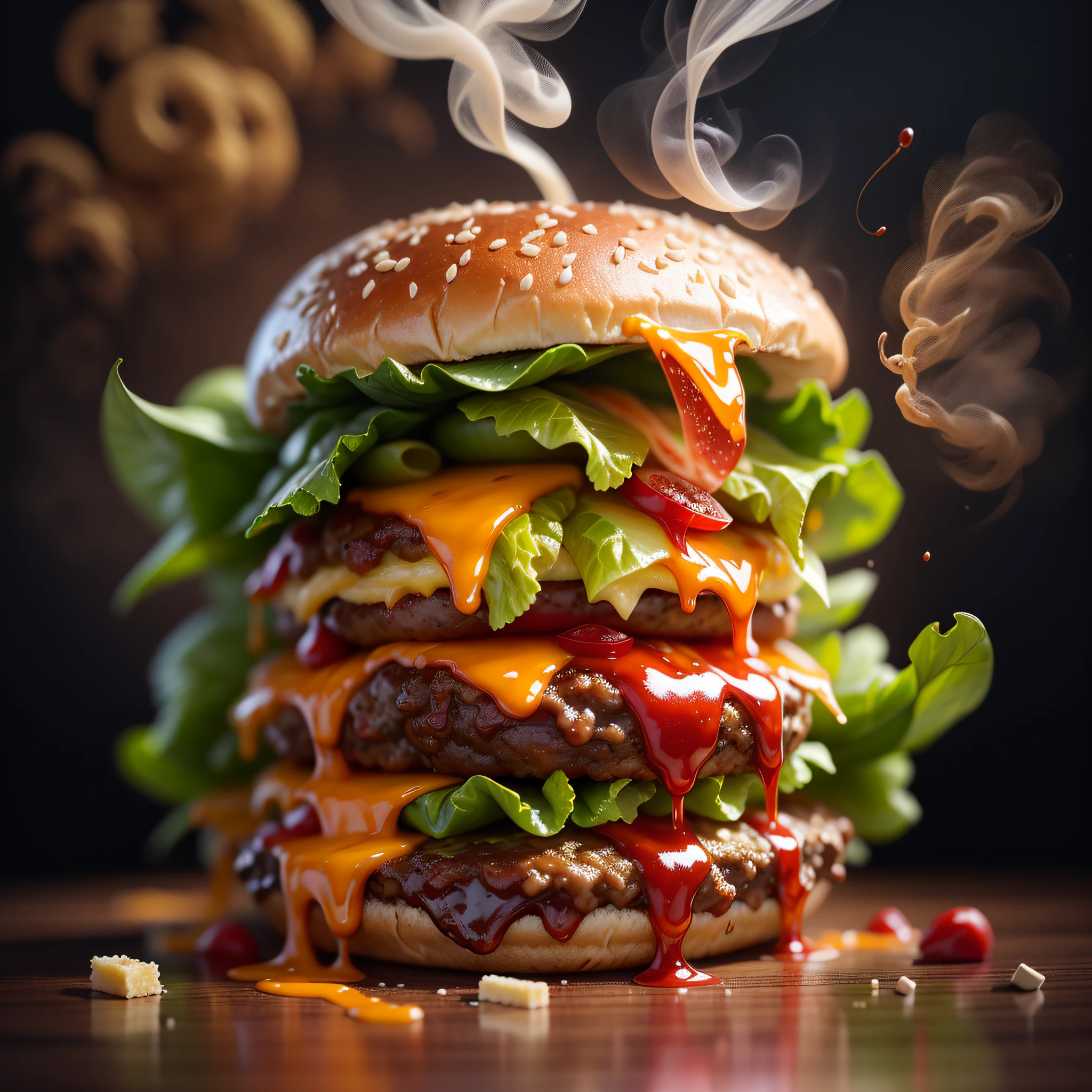 best quality, ultra high resolution, (photorealistic: 1.4), ultra-detailed, incredibly detailed, aluminum package, big mac, fried meat, wet lettuce, melting cheese, red peppers falling around, smoke and steam