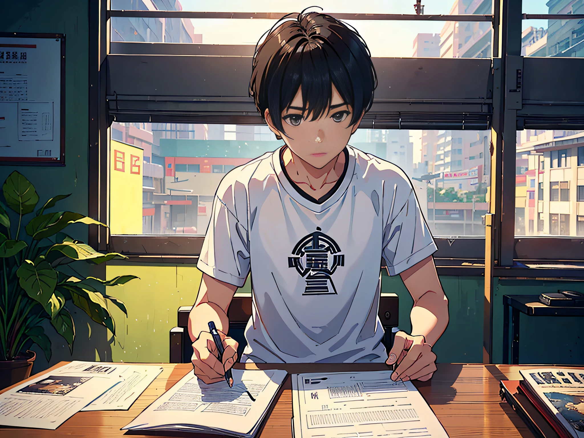 A man is sitting in the classroom, boy, male classmate, in the campus classroom, this male classmate is wearing a white T-shirt, short black hair, holding a pen in his hand, there are test papers, there are books, the lens is mainly featured on the upper body, in the Loepfe art style ((Xinhai City), popular in CGStation, Xinhaicheng H 2160, inspired by Bian Shoumin, Xinhaicheng, Kavasi, Guvitz style, high-quality pictures, 4K, 8K, resolution,