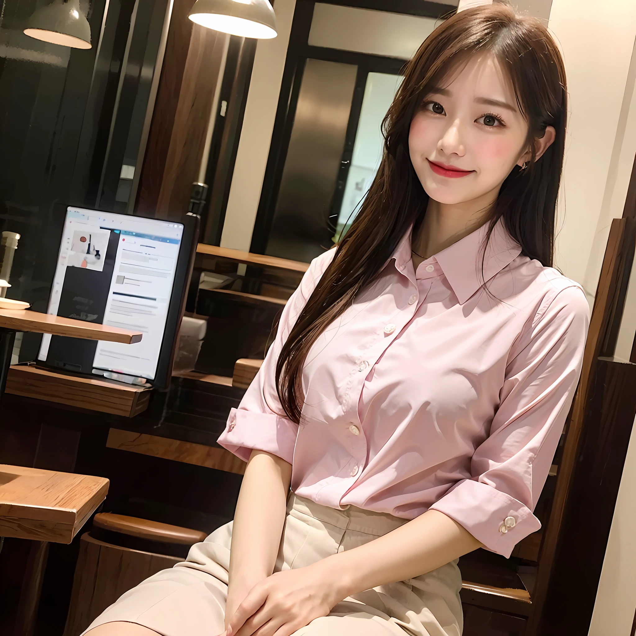 (8K, Top Quality, Masterpiece: 1.2), (Realistic, Photorealistic: 1.37), Super Detailed, 1 Girl, Cute, Solo, Beautiful Details Sky, More Cafe, Night, Sitting, Date, (Blushes), (Smile: 1.15), Small Breasts (Mouth Closed), Beautiful Detail Eyes, (Collared Shirt: 1.1), Night, Wet, Business Clothes, Rain, White Lace, (Semi-Long: 1.2), floating hair Novafrog style,