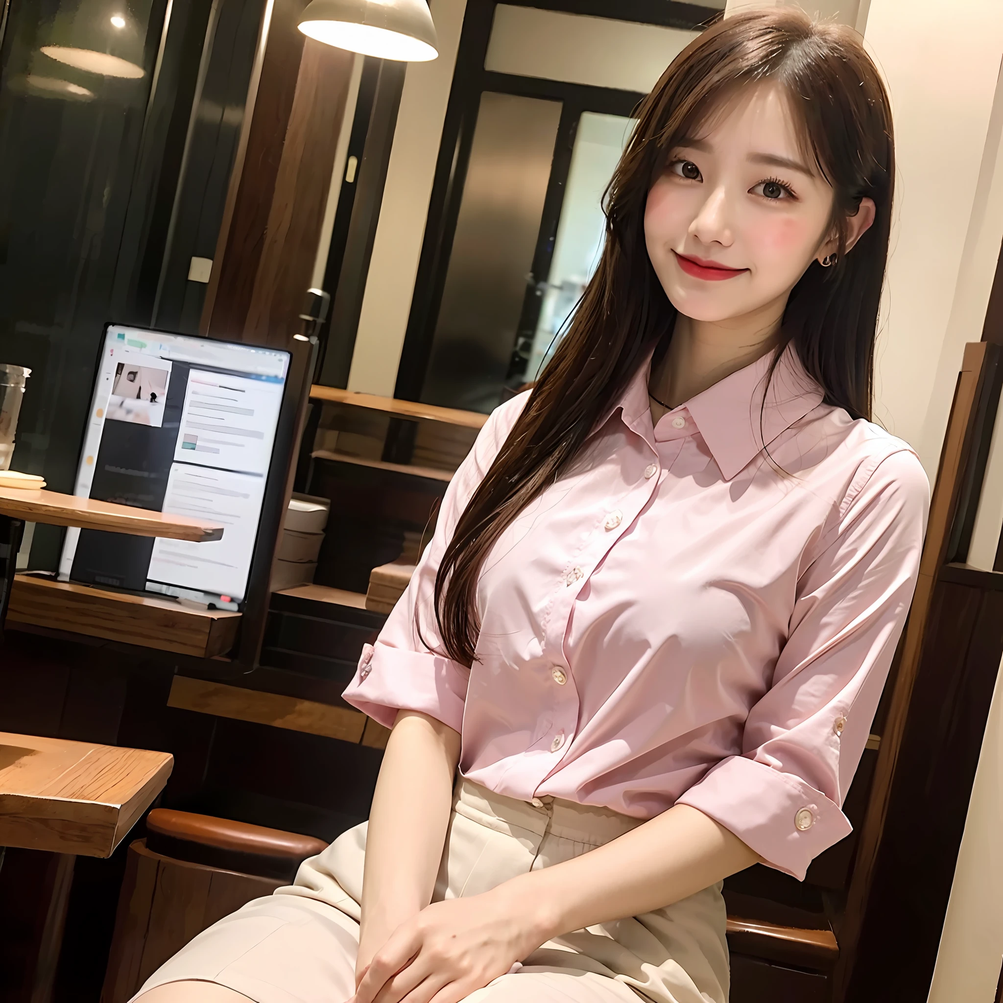 (8K, Top Quality, Masterpiece: 1.2), (Realistic, Photorealistic: 1.37), Super Detailed, 1 Girl, Cute, Solo, Beautiful Details Sky, More Cafe, Night, Sitting, Date, (Blushes), (Smile: 1.15), Small Breasts (Mouth Closed), Beautiful Detail Eyes, (Collared Shirt: 1.1), Night, Wet, Business Clothes, Rain, White Lace, (Semi-Long: 1.2), floating hair Novafrog style,
